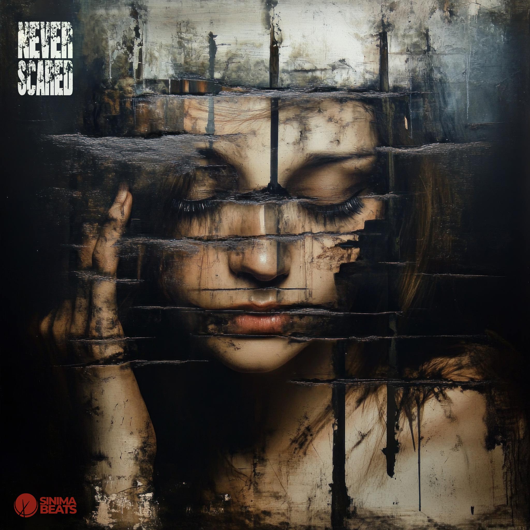 A haunting cover art design features a woman with her eyes closed, enveloped in darkness with an overlay of scratches. The image evokes a sense of vulnerability and fearlessness, reflecting the theme of "Never Scared." The darkness around her contrasts sharply with the deep scratches, enhancing the eerie and dramatic mood of the artwork.