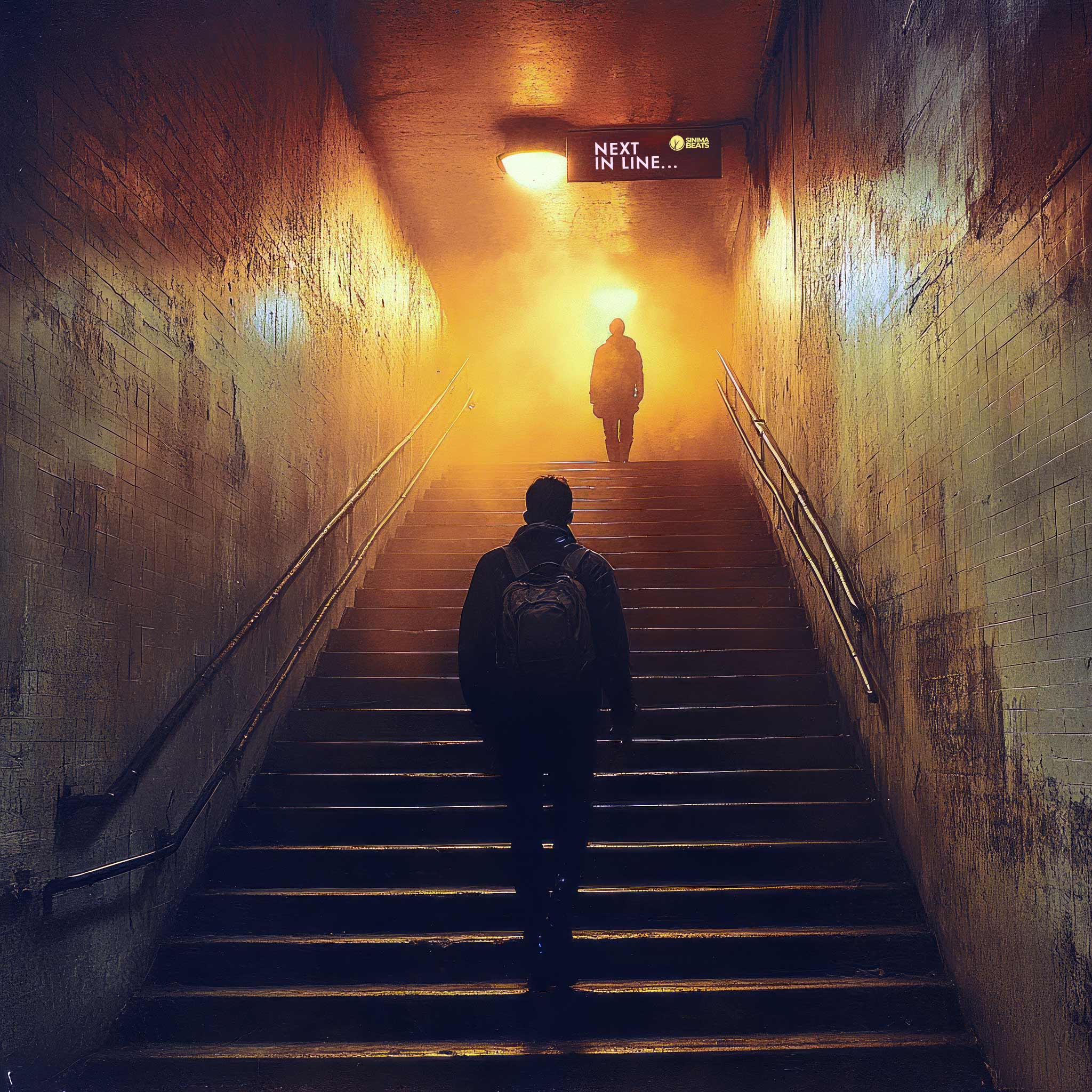 A compelling image showcasing a man wearing a backpack and dressed in a black outfit, ascending a staircase in an underground setting. The scene is bathed in soft, ambient lighting, creating a moody and mysterious atmosphere. Another man stands at the top of the stairs, hinting at a sense of anticipation or a turning point. This visual narrative embodies the concept of being "Next in Line," emphasizing the journey, determination, and the moments leading up to a significant encounter or transition.