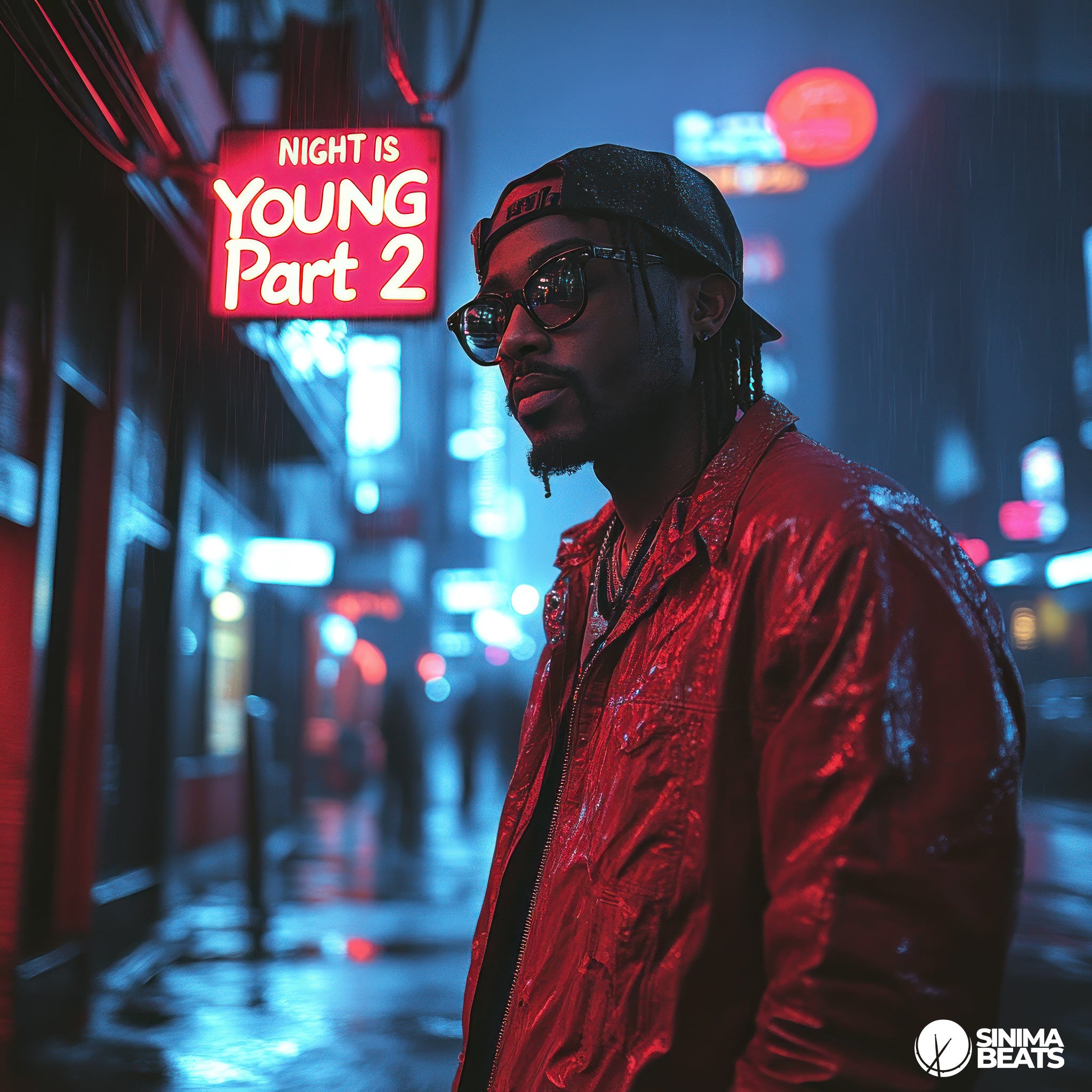 A captivating image of a rapper wearing a glossy red jacket, standing outside on a well-lit city street at night. The scene is filled with anticipation, as the streetlights cast a warm glow, creating reflections on the shiny surface of the jacket. The rapper's stance exudes confidence and readiness, embodying the energy and excitement of the nightlife. The bustling city around him is alive, with neon signs and light trails from passing cars, capturing the vibrant urban atmosphere. 