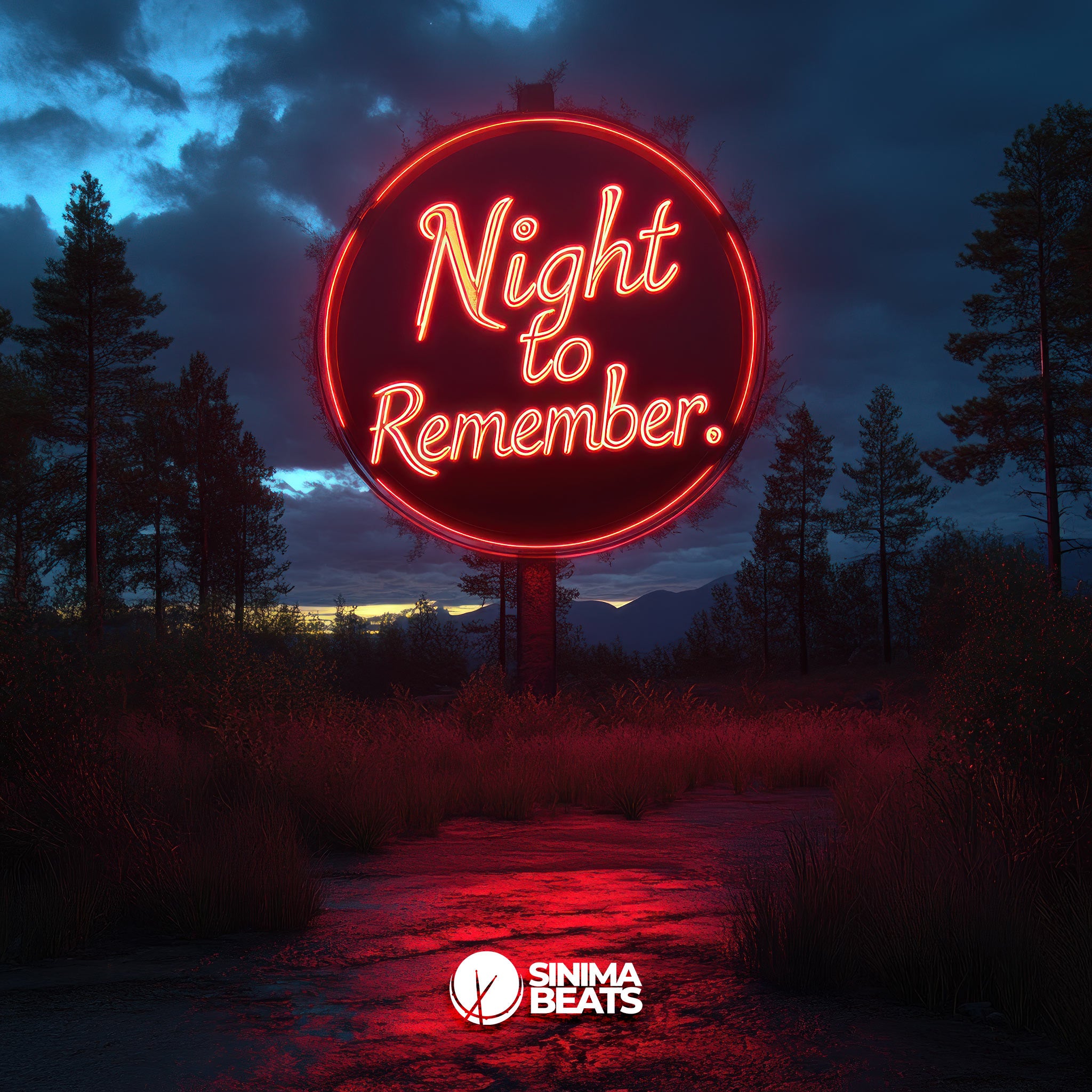 An outdoor forest scene features a giant neon sign in the center, glowing against a cloudy evening sky. The vibrant light reflects off the surrounding trees, creating a mysterious, enchanting atmosphere, evoking the phrase "Night to Remember."