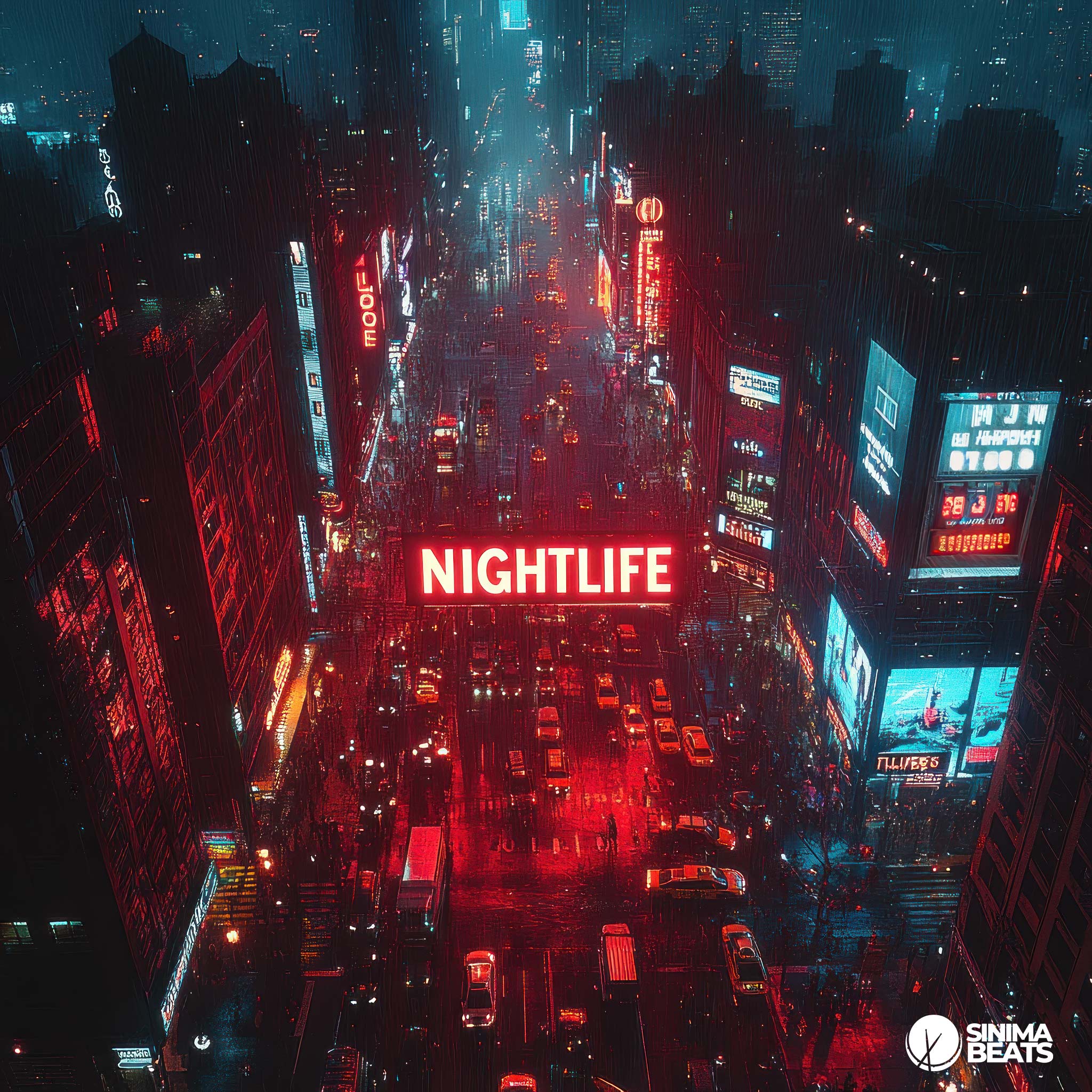 An aerial view of New York City captures the bustling nightlife, with crowded streets illuminated by vibrant neon signs. The cityscape glows under the night sky, showcasing the energy and excitement of the urban environment, emphasizing the theme of "Nightlife."