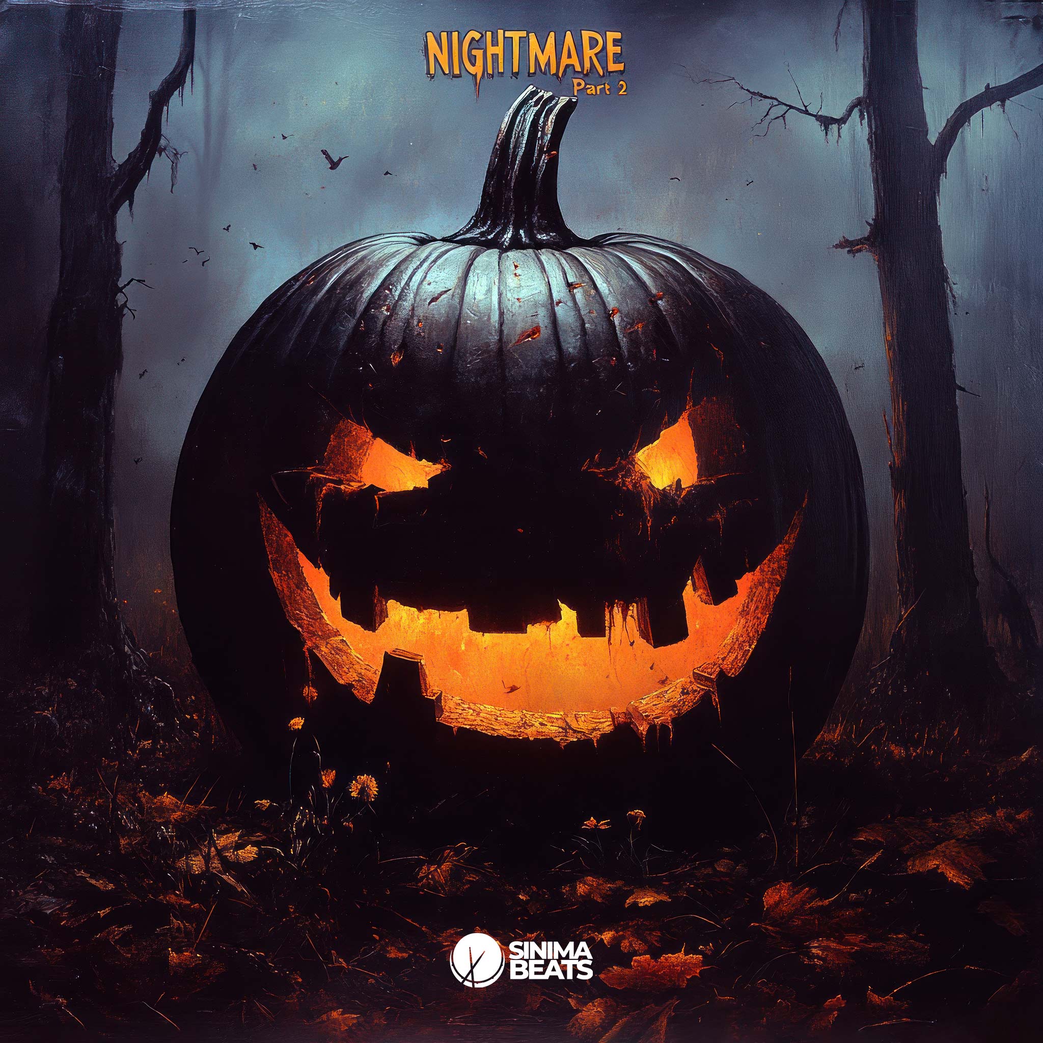 A haunting hip-hop cover art design features a dark, aggressive pumpkin with glowing eyes set against a textured background. The image captures a nightmarish atmosphere, reflecting the intense theme of "Nightmare Part 2."