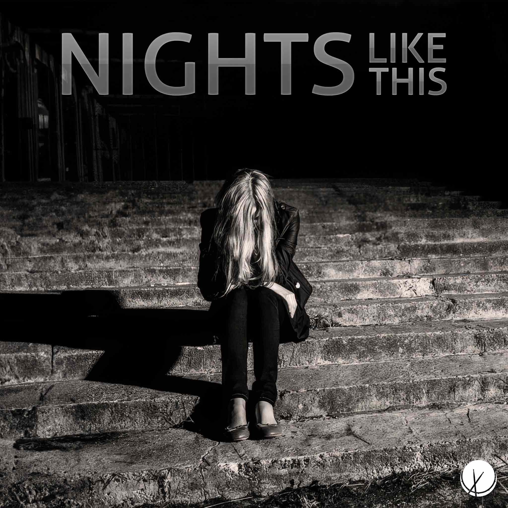 Depressed Blonde Woman Sitting on Concrete Steps at Night with Elongated Shadows in High Resolution (2048 x 2048px). Title: 'Nights Like This.' 