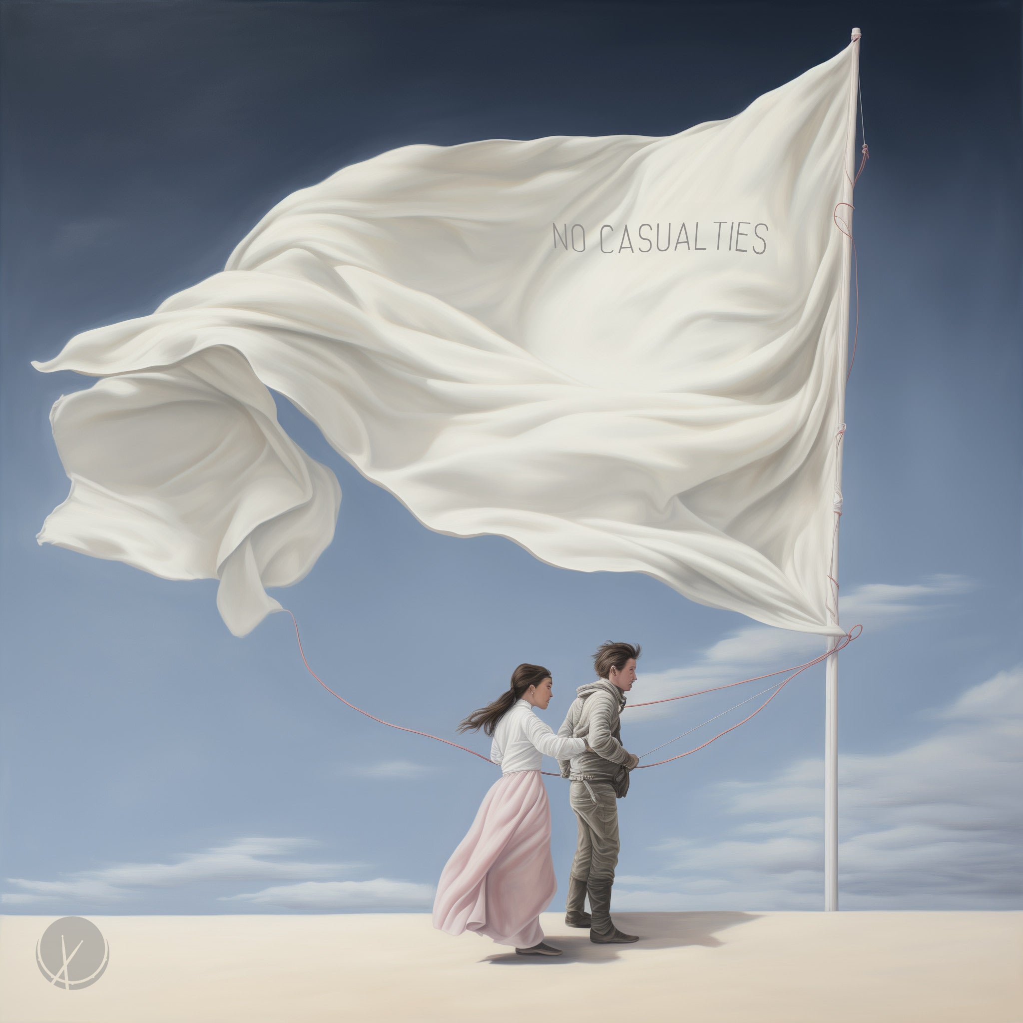 Cover art titled "No Casualties" featuring a man and woman raising a white flag, symbolizing war surrender. The scene is set on a bright day with a blue sky, conveying a message of hope and resolution.