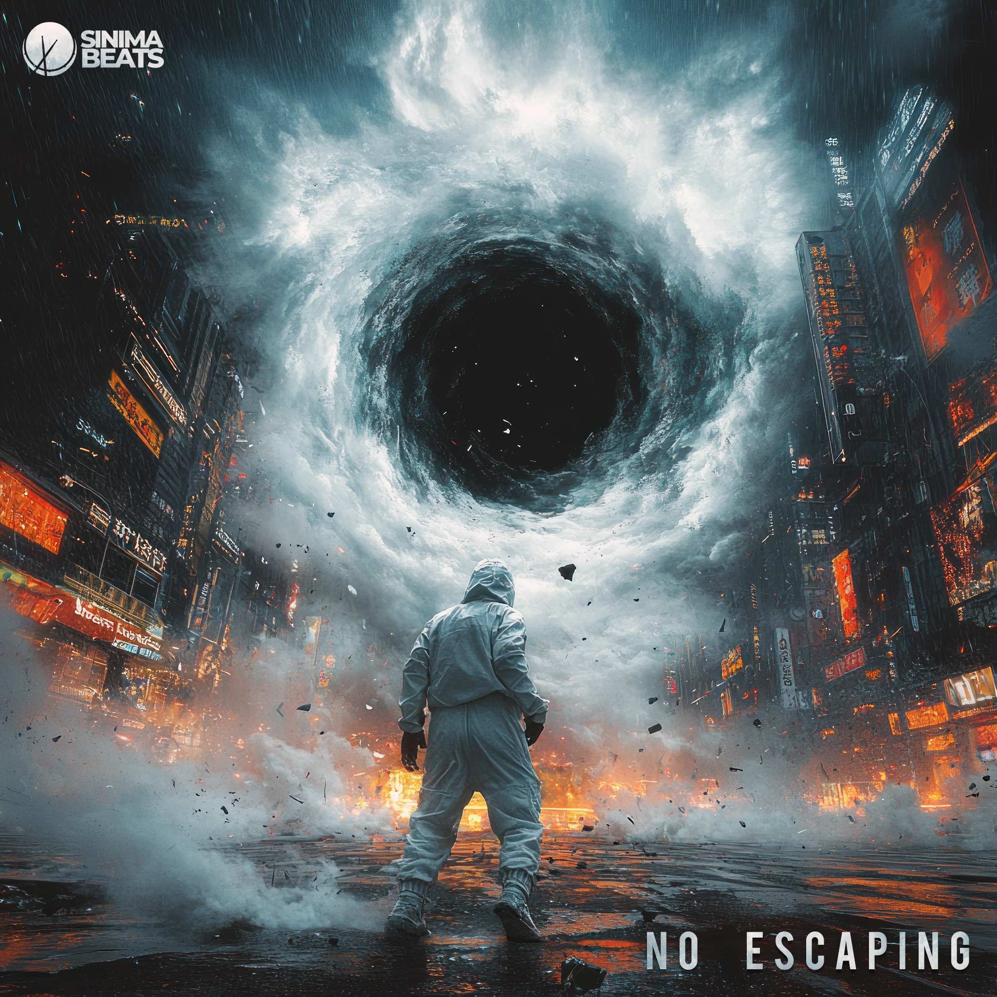 A dramatic scene shows a black hole vortex swirling in the middle of a street, with debris flying around. A rapper in a white jumpsuit stands on the brink, about to be sucked into the chaos. This image depicts the overwhelming force and struggle of "No Escaping" as the vortex engulfs everything in its path.