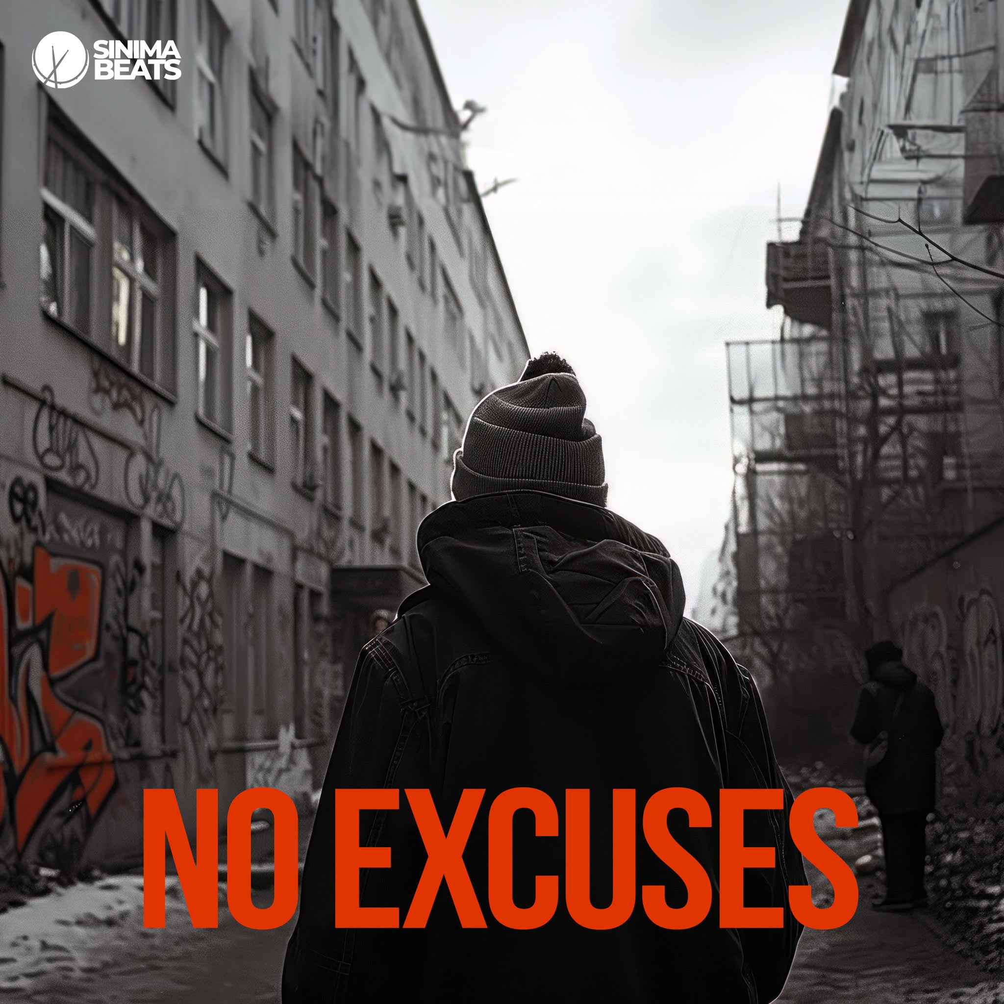 A grayscale image of a man wearing a winter coat and beanie hat in an urban setting. Orange graffiti on the wall and orange title text create a striking contrast against the black-and-white background. The scene emphasizes the theme of "No Excuses," capturing a gritty and determined atmosphere, fitting for a hip-hop cover art. The combination of grayscale with the vivid orange highlights evokes a sense of resilience and strength, adding depth to the overall visual narrative.