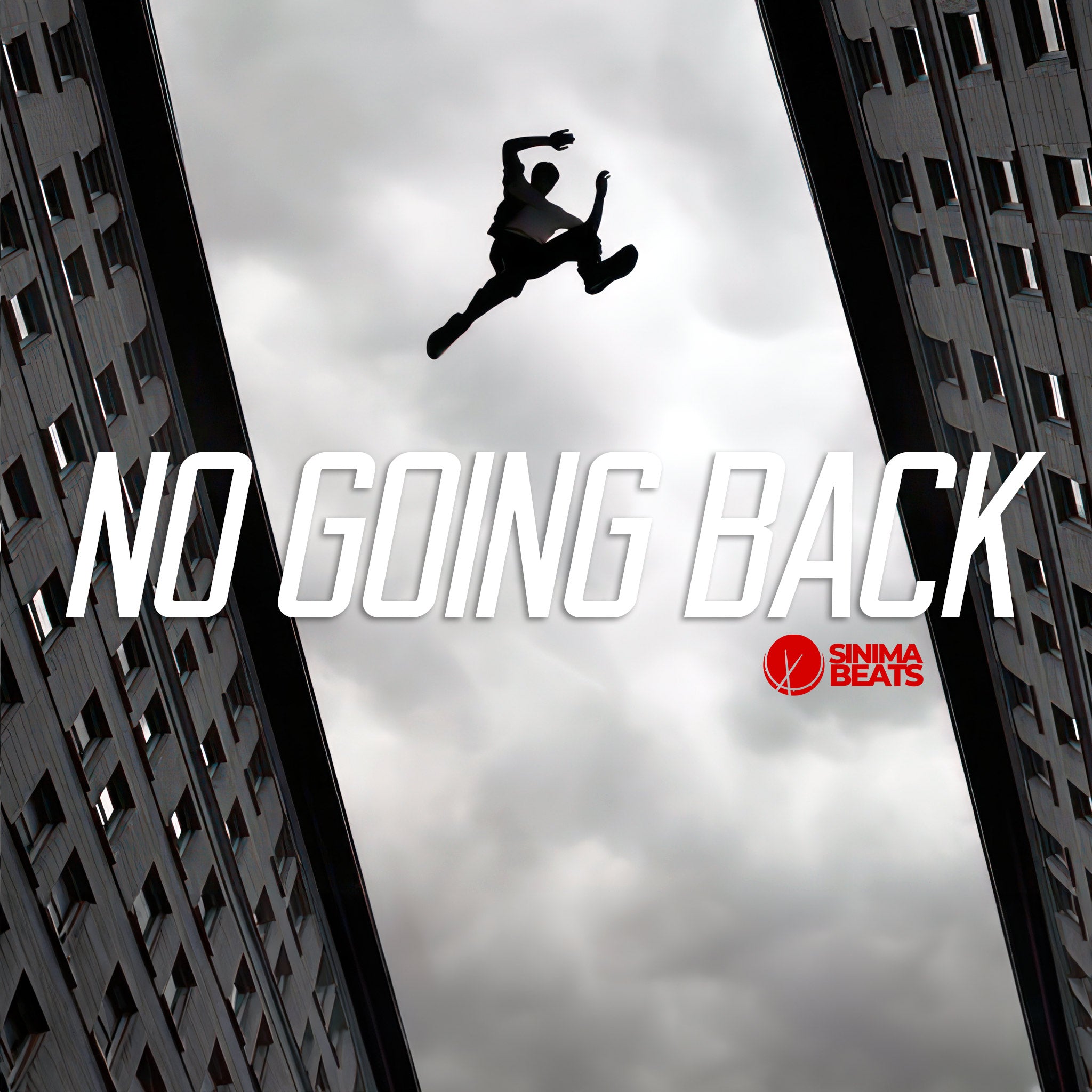 A dramatic low-angle grayscale photograph captures the silhouette of a man in mid-air, jumping from one apartment building to another. The image's stark contrast emphasizes the intensity and daring nature of the scene, embodying the concept of "No Going Back." The silhouetted figure against the overcast sky creates a powerful visual narrative, highlighting a moment of irreversible decision and bold action.