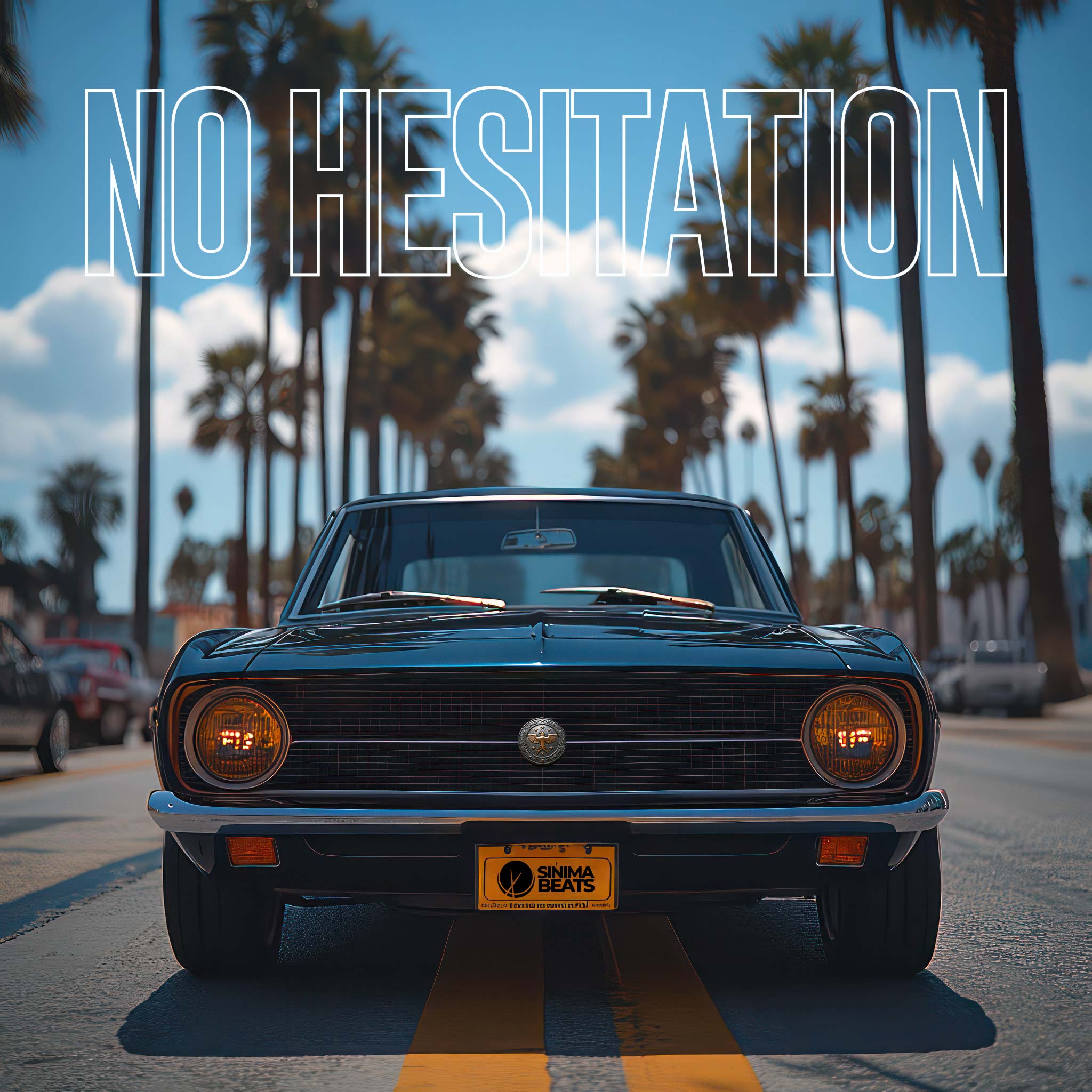 A classic West Coast gangsta rap-style cover art design showcasing a black low rider positioned in the middle of a palm tree-lined street, evoking a quintessential California vibe. The scene captures the essence of "No Hesitation," with the low rider symbolizing confidence and dominance. The palm trees and warm California backdrop reinforce the iconic imagery associated with West Coast hip-hop culture, creating a sense of laid-back coolness intertwined with street authenticity.