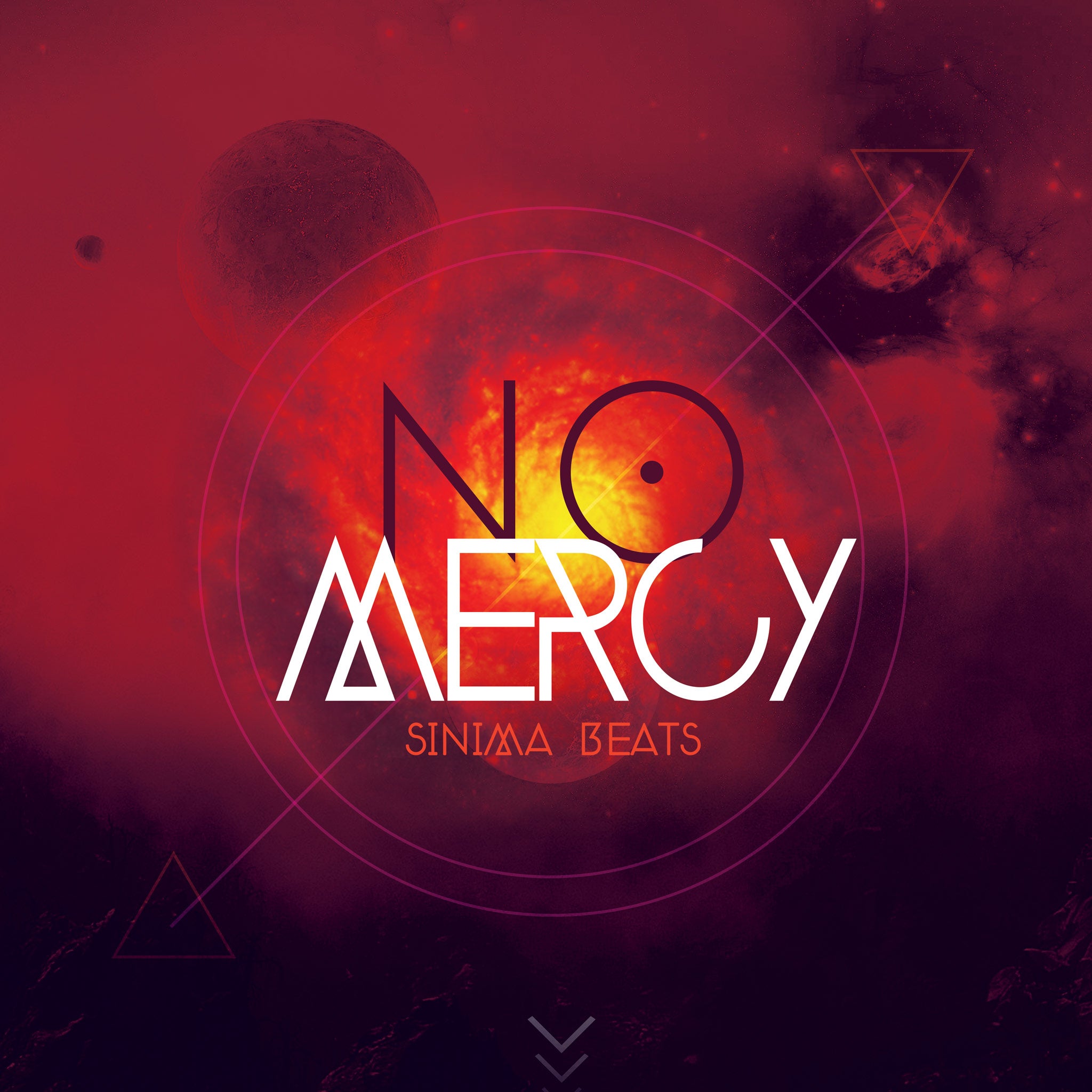 A striking trap music cover art design featuring a red galaxy filled with swirling planets and geometric lines, creating a sense of cosmic chaos and intensity. The large, bold title text "No Mercy" is prominently displayed, enhancing the aggressive and unyielding vibe of the cover. The combination of the vibrant red hues, celestial elements, and sharp geometric patterns reflects the powerful and edgy themes often found in trap music, making this cover visually captivating and impactful.