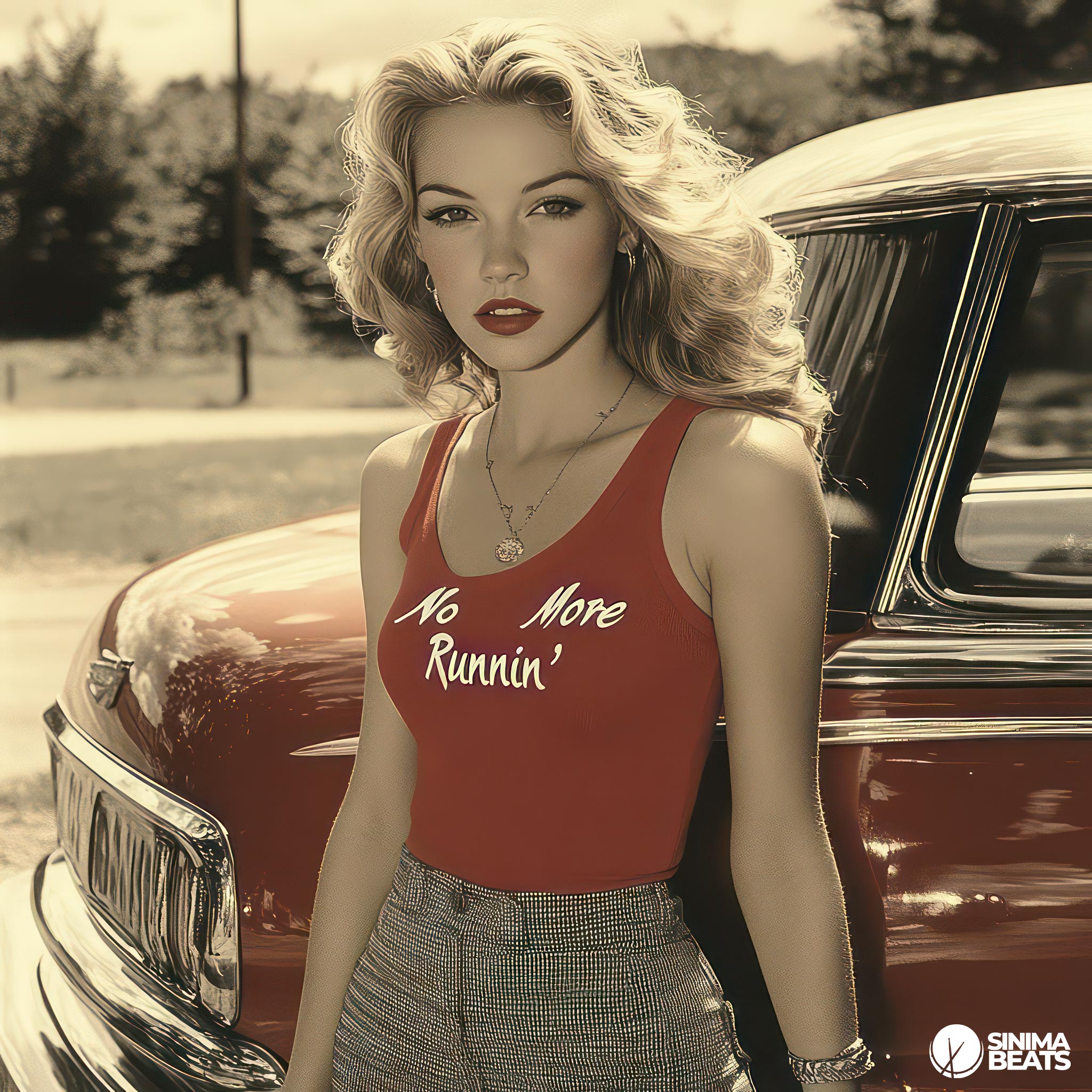 A visually engaging image portraying a beautiful blonde girl leaning against a classic 1960s red car. She is dressed in a red tank top and dress pants, which harmonize with the car's vintage style. The scene radiates a nostalgic and carefree vibe, capturing the essence of the phrase "No More Runnin'." The cover art is designed to evoke the freedom and heartfelt sentiment often associated with country music, making it ideal for an album that celebrates staying true to one's roots and facing life with confide