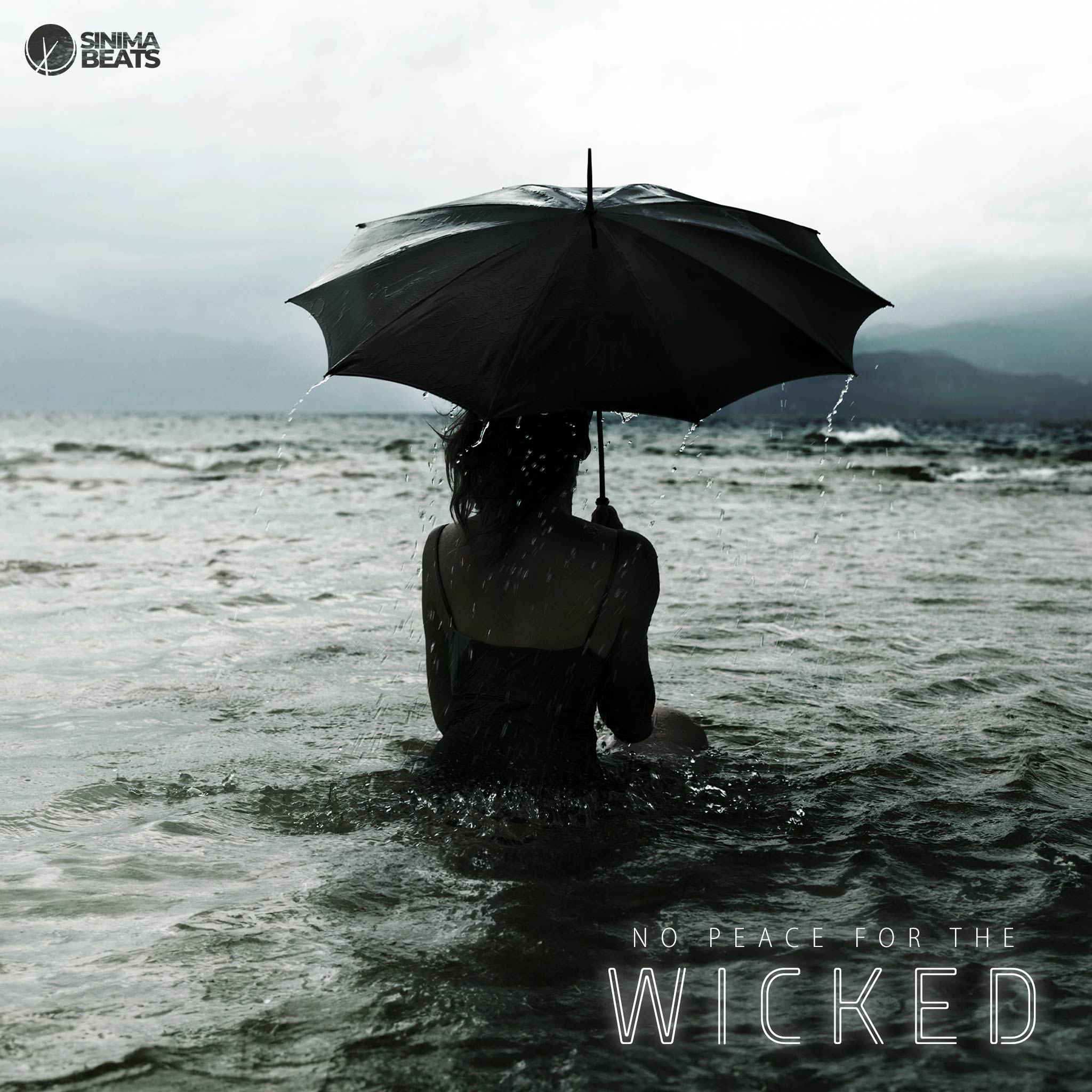 An evocative image featuring a woman standing alone in the middle of a vast sea, holding up an umbrella as heavy rainfall pours down around her. The dark, stormy atmosphere creates a sense of isolation and vulnerability, highlighting the phrase "No Peace for the Wicked." The scene captures the essence of having no safe place to go and no rest, reflecting the inner turmoil and relentless challenges faced by the individual. 