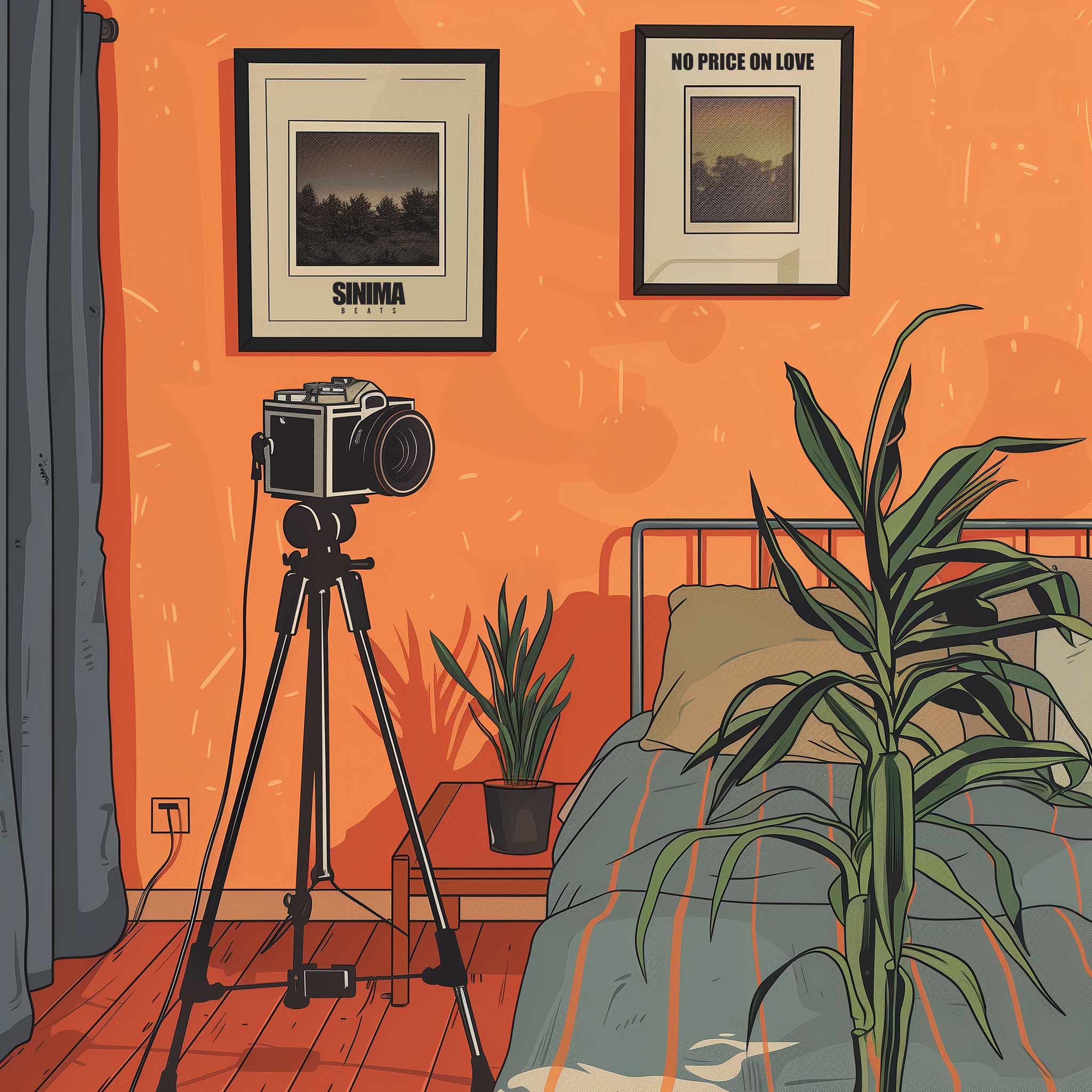 Illustration of Camera on Stand Facing a Bed, Bedroom Setting with Orange Walls and Plants. Title: "No Price On Love."