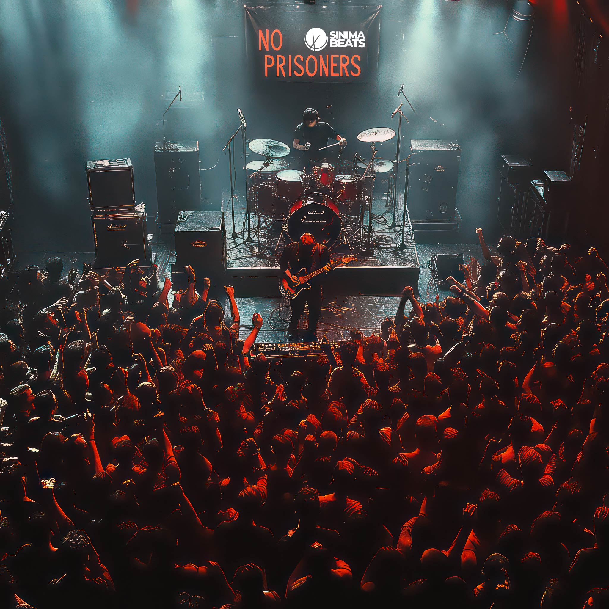 A dynamic image showcasing a rock band performing energetically on stage, surrounded by a massive crowd of enthusiastic fans. The scene is bathed in cool blue and red hues, creating a vibrant and electrifying atmosphere. The powerful lighting and dramatic color contrast capture the intensity of the performance, emphasizing the raw energy and rebellious spirit of the music.