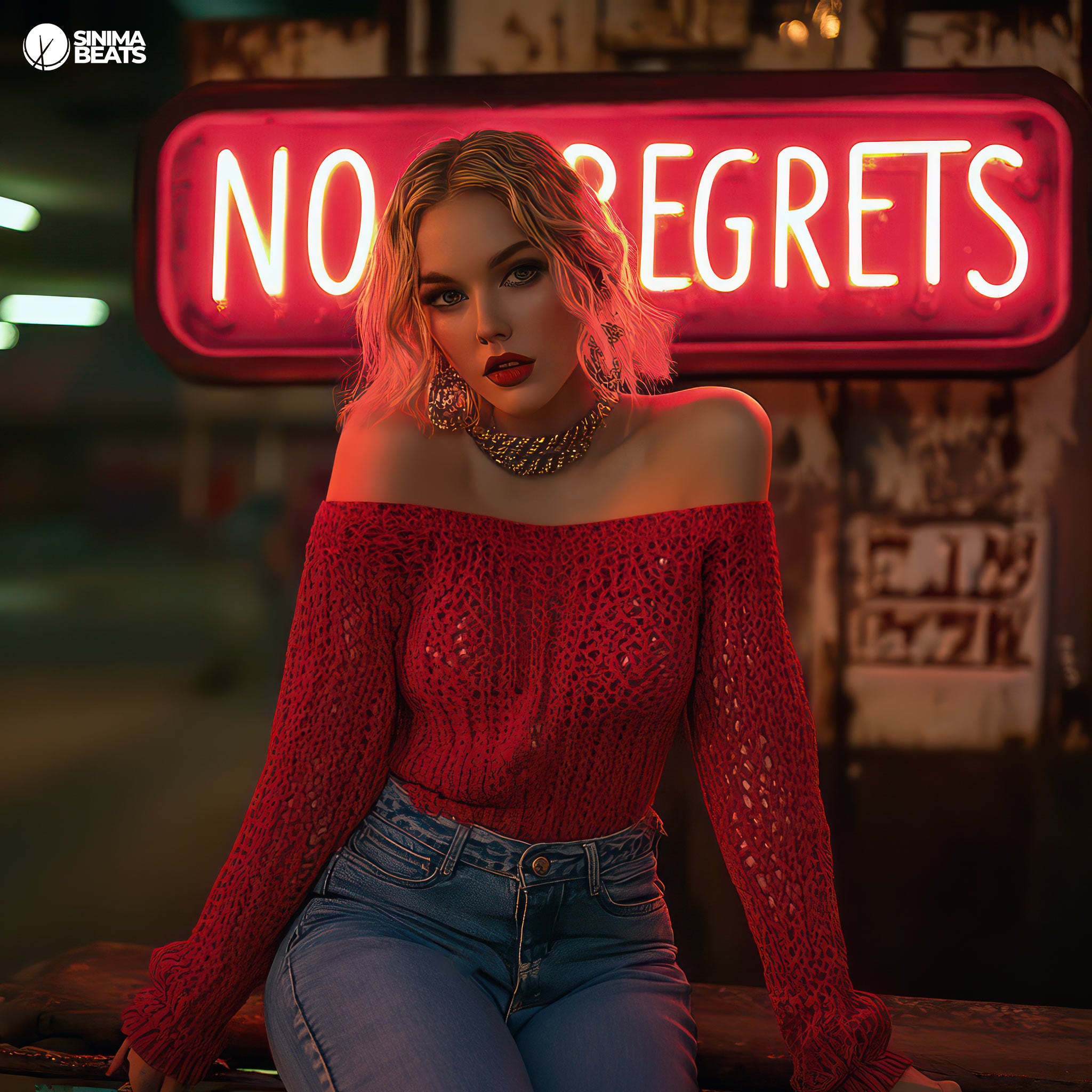 A striking CGI illustration of a blonde woman sitting at a billiards table, wearing a low-cut red knitted sweater and fitted blue jeans. Her outfit is complemented by gold jewelry, adding a touch of elegance to her casual style. The scene captures a relaxed yet confident vibe, set against a backdrop that highlights the blend of pop and rock aesthetics. This cover art design embodies the theme of "No Regrets," reflecting a sense of self-assuredness and enjoyment amidst a playful and stylish setting.