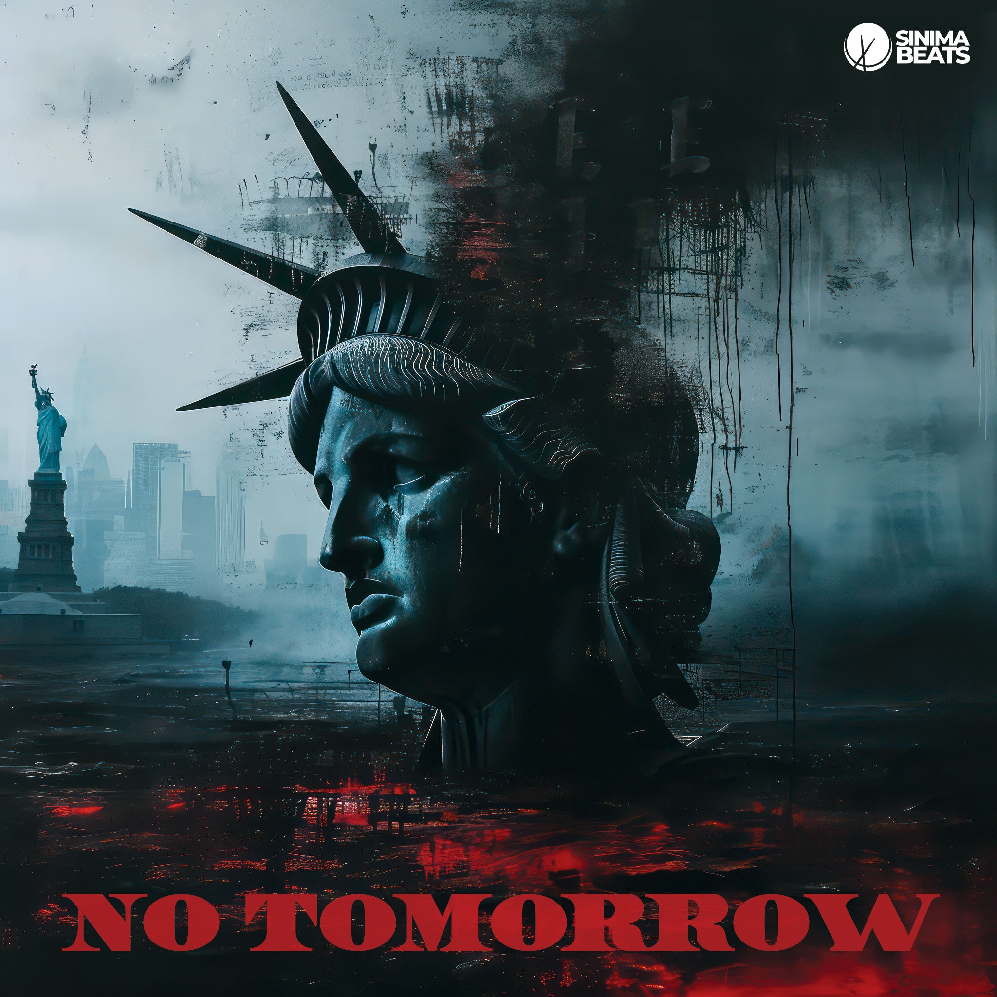 A dramatic and dystopian scene featuring the fallen Statue of Liberty amidst a city engulfed in flames and destruction. The dark, fiery backdrop highlights the apocalyptic setting, emphasizing a sense of impending doom and loss. This cover art design captures the essence of "No Tomorrow," reflecting the theme of catastrophic events and the end of an era. The image powerfully conveys the gravity of a world in chaos, underscoring a narrative of finality and devastation.