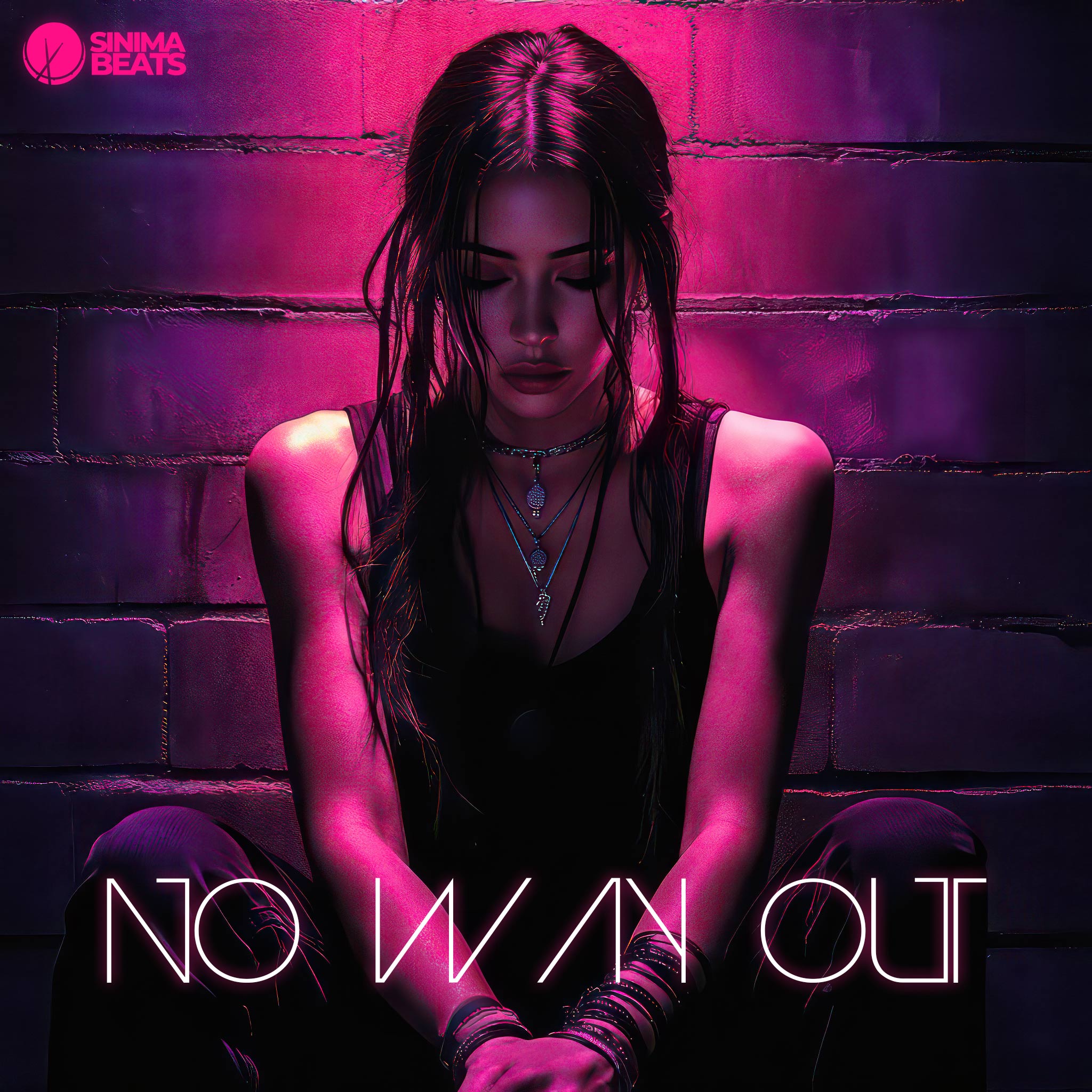 A striking image of a beautiful Native American woman with dark, long hair, wearing a black tank top, sitting against a large brick wall illuminated by a pink neon glow. The scene is set against a purple background, creating a vibrant yet somber atmosphere. This cover art for "No Way Out" captures a sense of entrapment and isolation, emphasizing the theme of being stuck in an inescapable situation. The neon light adds a dramatic flair, highlighting the contrast between the subject and her surroundings.