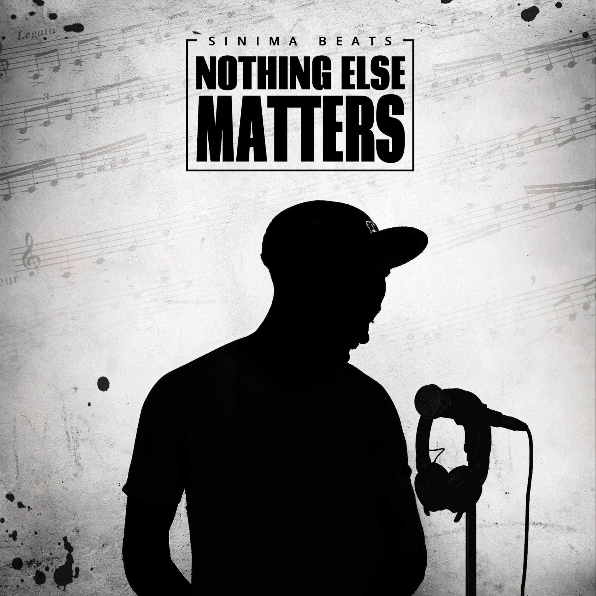 A striking illustration of a recording artist's silhouette standing by a microphone on a stand, with musical notes in the background. The white textured backdrop emphasizes the artist's focused stance and the artistic elements surrounding them. The image highlights the dedication and passion in their craft, reflecting the theme of "Nothing Else Matters" in the hip-hop genre.