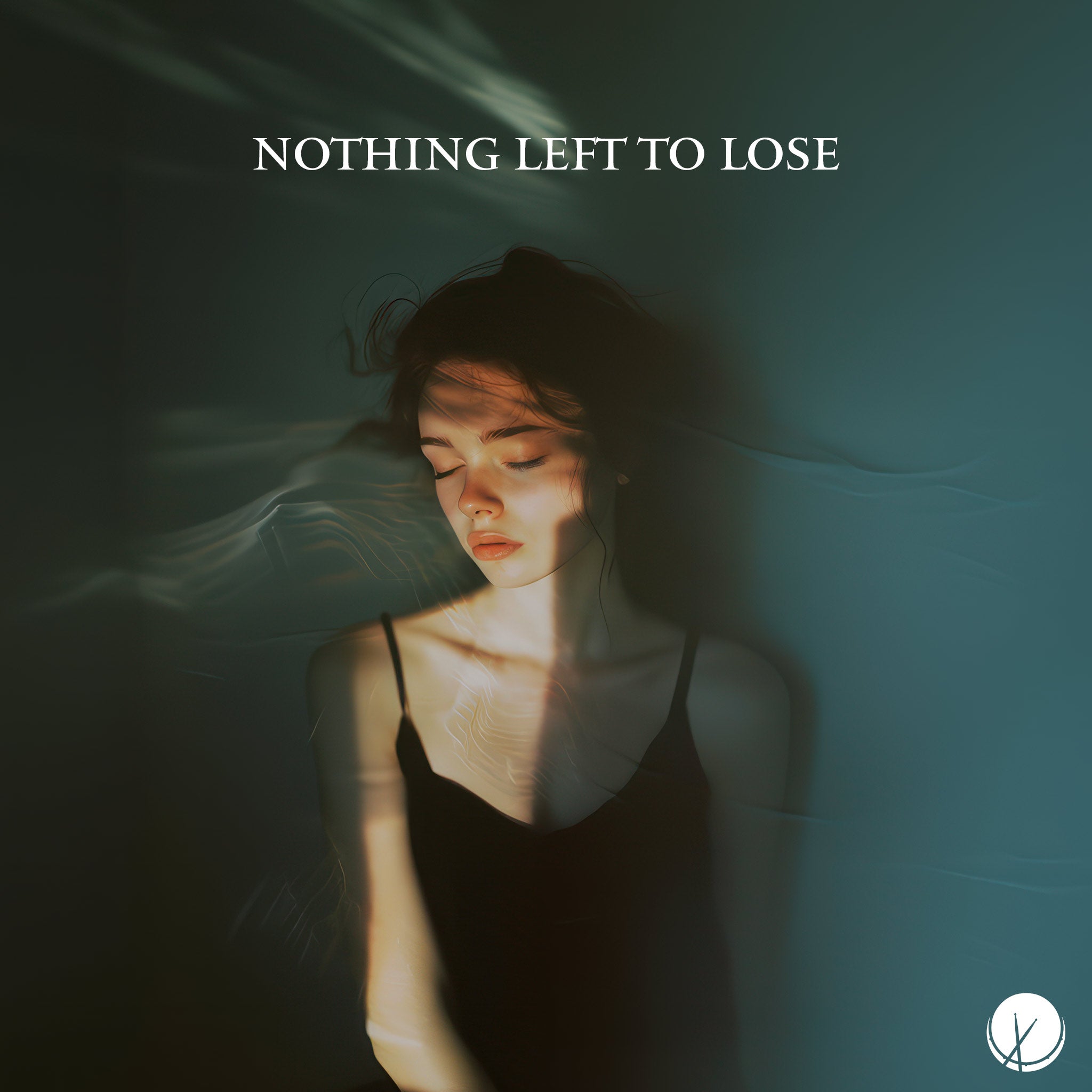 Poignant Scene of Young Brunette Girl with Eyes Closed, Wearing a Sleeveless Black Dress, Light Streaks Over Blue-Green Background. Title: "Nothing Left to Lose."