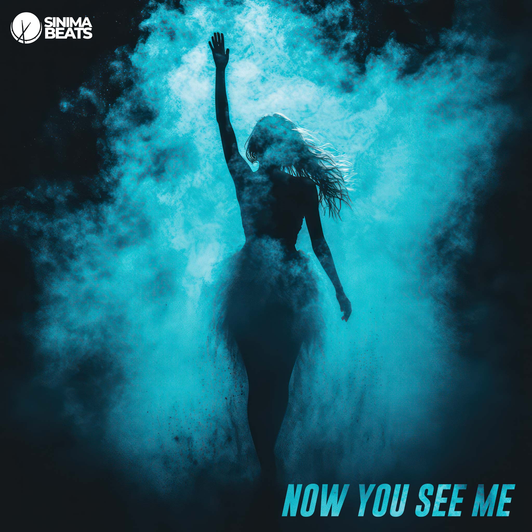 "A silhouette of a woman stands confidently on stage, surrounded by swirling teal smoke that rises against a dark background. The smoke creates an ethereal and mysterious atmosphere, partially obscuring her form. The contrast between the teal smoke and the dark background enhances the sense of intrigue and drama, embodying the theme of visibility and presence captured in the phrase 'Now You See Me.'"