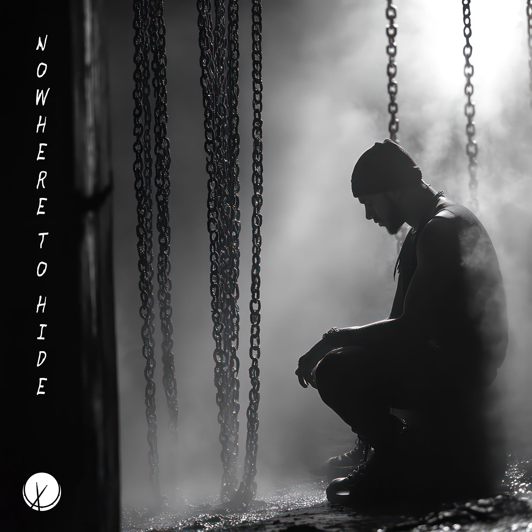 A grayscale image of a man sitting on the floor with a defeated posture, surrounded by hanging chains that create an ominous and confined atmosphere. The floor is wet, with reflections adding to the mood of entrapment and despair. The composition powerfully depicts the concept of feeling stuck and having 'Nowhere to Hide,' capturing a sense of helplessness and isolation.