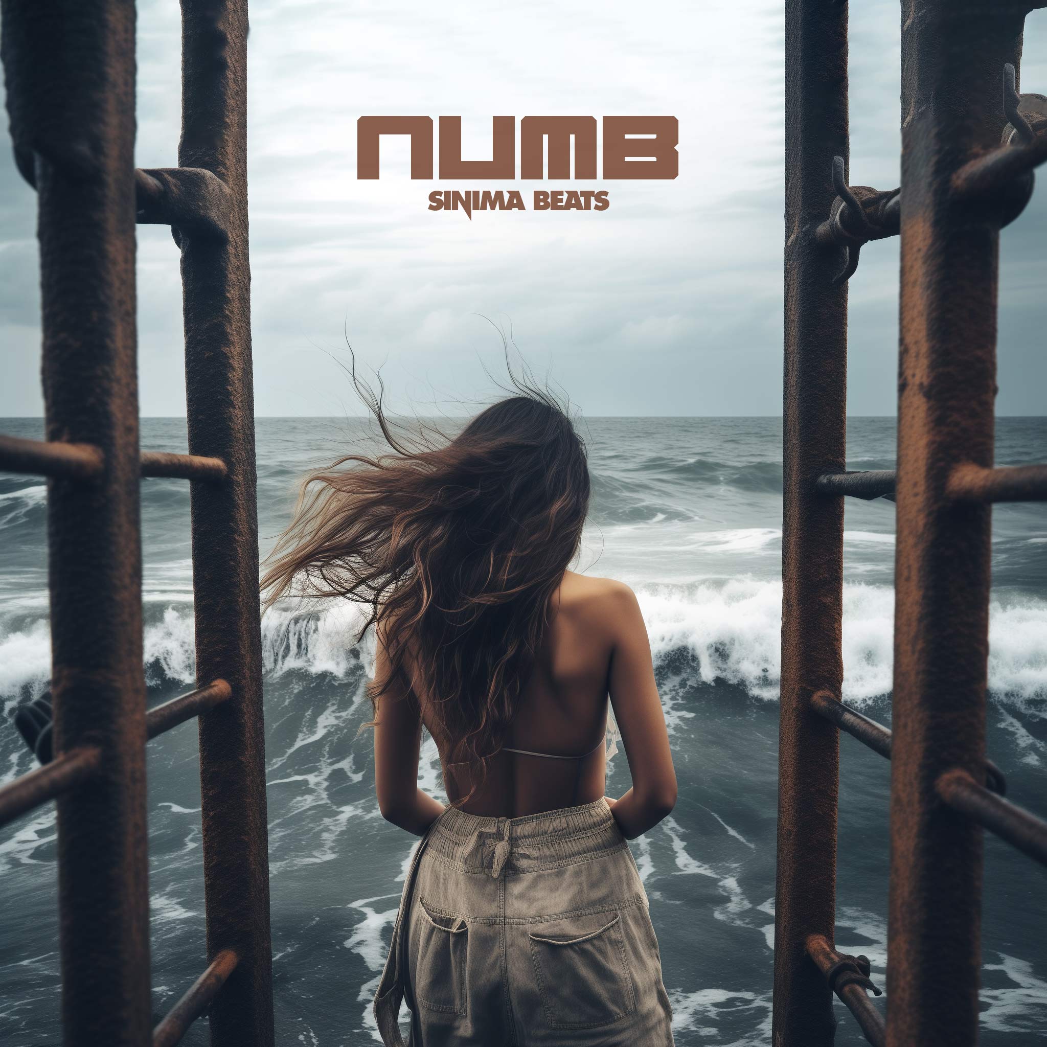 Numb: Woman with a Bikini Top and Baggy White Shorts Standing Between Rusted Metal Scaffolding in Front of the Ocean, Raging Waters, Wind Blowing - Brunette.