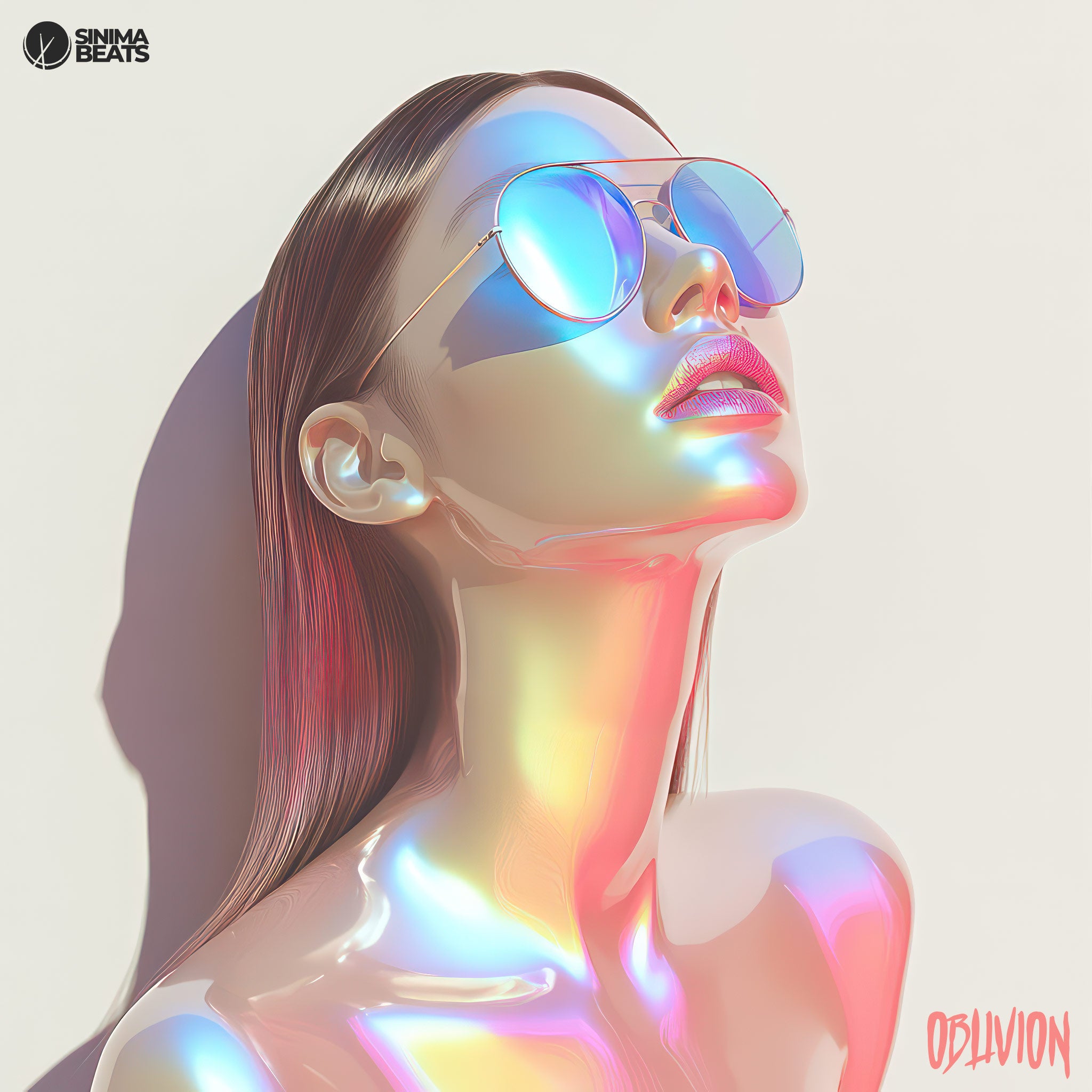 Futuristic EDM trap cover art design featuring a woman with sleek skin and bright gradient colors, wearing stylish sunglasses. The background is a neutral color, providing a stark contrast to the vibrant hues of the woman's attire and appearance. The overall design exudes a sense of modernity and forward-thinking style, with elements of science fiction aesthetics. The woman's confident pose and the use of vivid, eye-catching colors symbolize the concept of 'Oblivion,' creating an impactful visual statement.