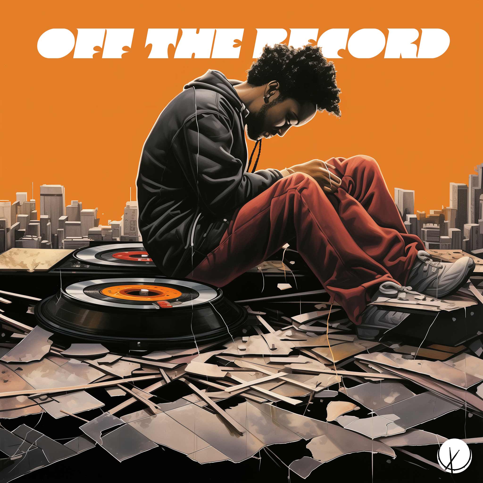 West Coast hip-hop cover art featuring a black man sitting on top of a record player, with a model of a city landscape behind him. Illustration with an orange background.