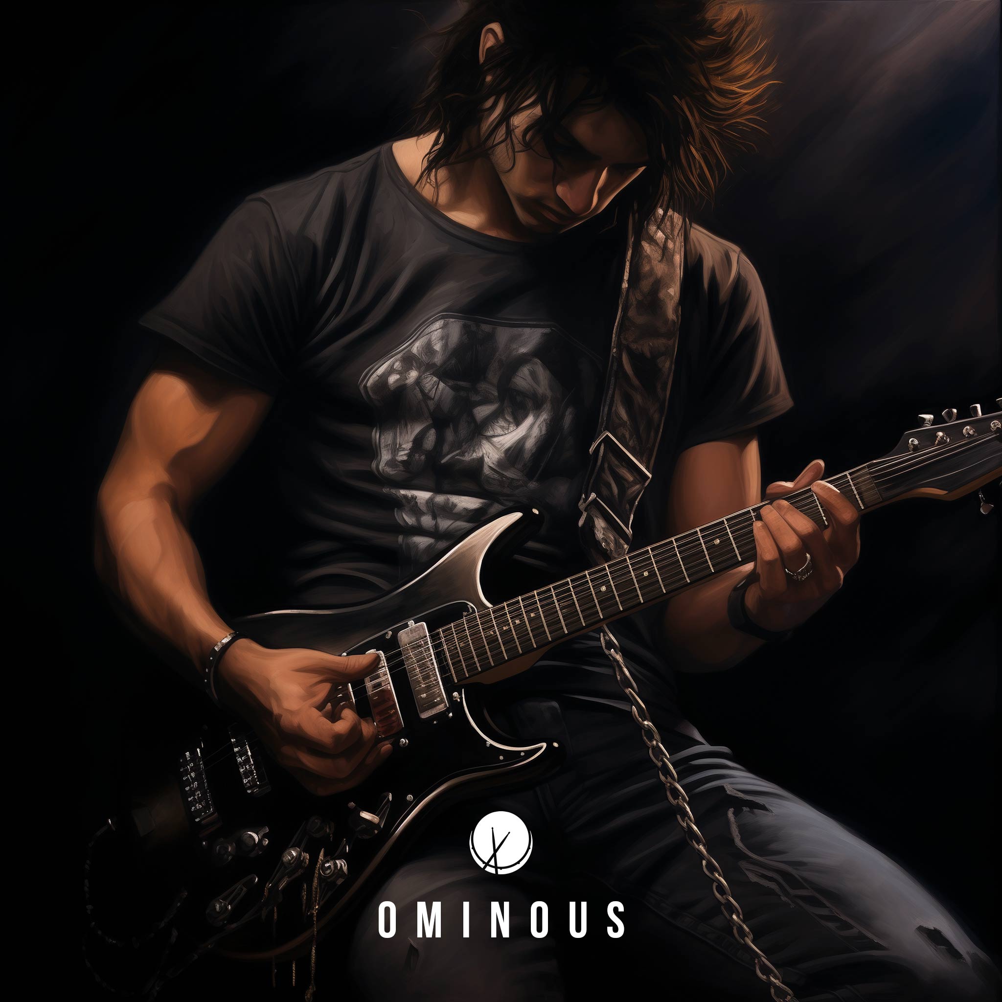 Dark rock cover art titled "Ominous" featuring a man showing the mid-section of his body only. He is wearing a black t-shirt with metal bands on it and is holding an electric guitar, creating a mysterious and intense atmosphere.