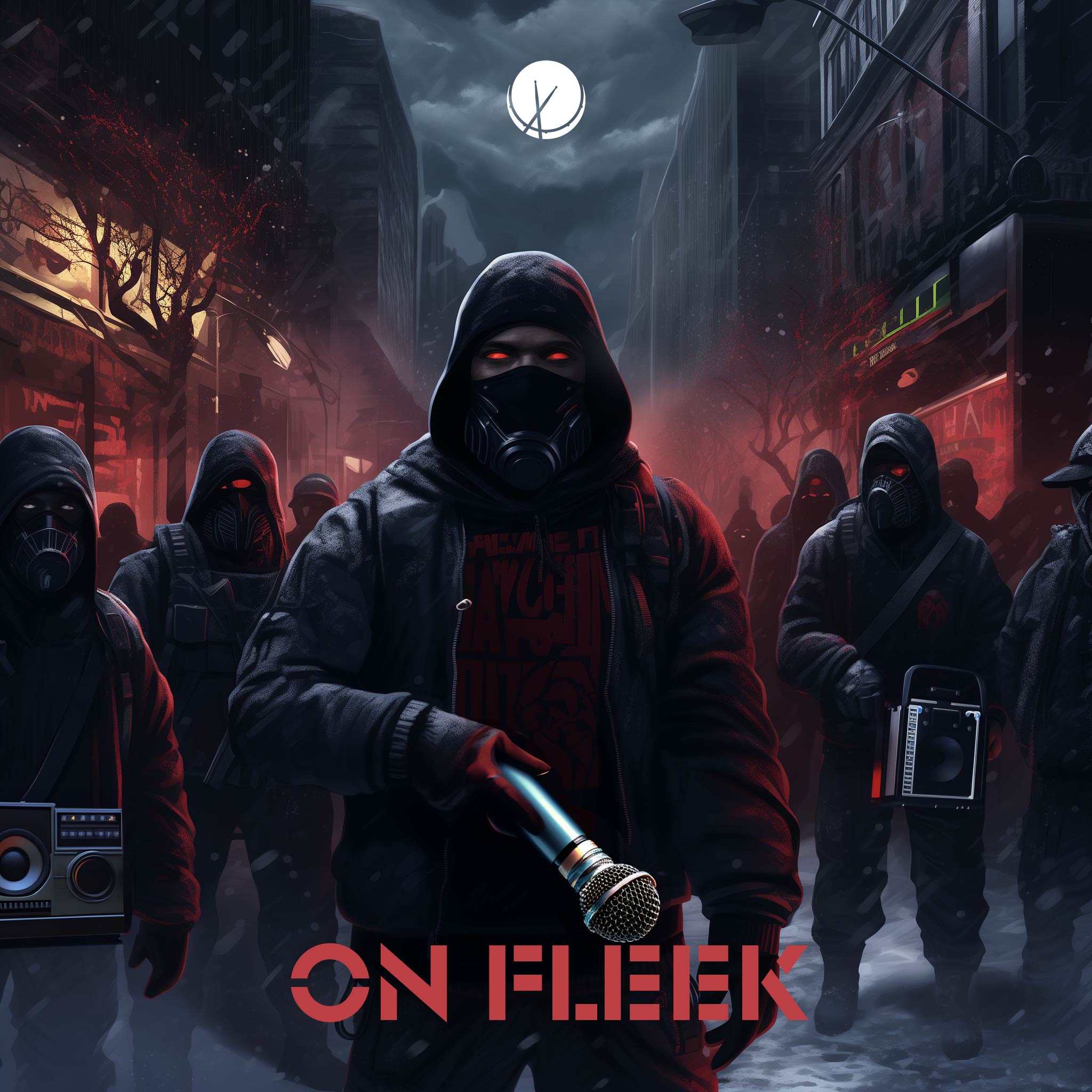 Hip-hop cover art titled "On Fleek" featuring a dark army of rappers carrying boom boxes and microphones. They are wearing gas masks with glowing red eyes and hooded jackets. The scene is set outside at nighttime with snowfall and a red light, creating a captivating and intense ambiance.