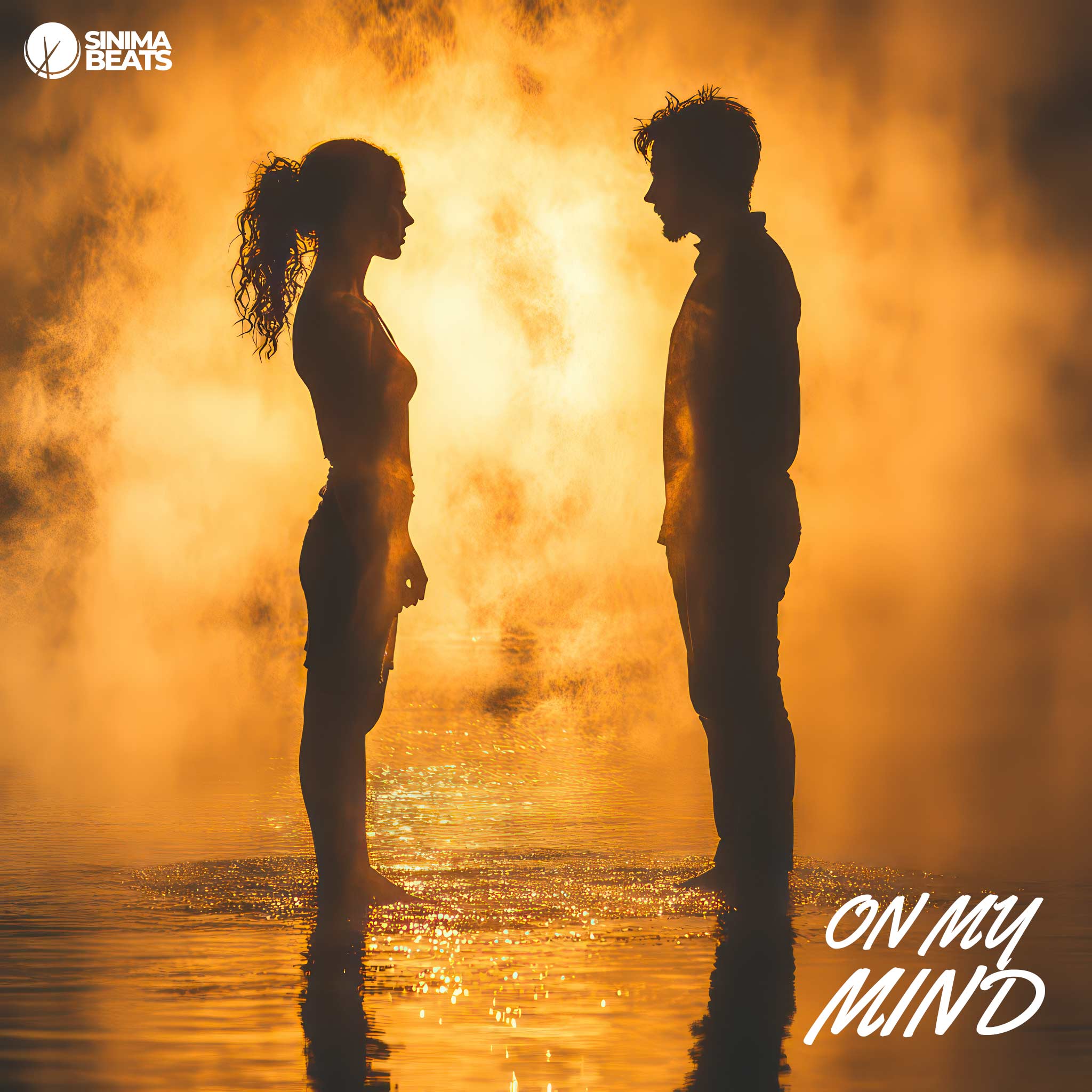 A man stands facing a woman on top of shallow water, their reflections softly shimmering beneath them. The scene is enveloped in an orange hue, with a gentle fog that creates a dreamlike atmosphere. The warm tones and the serene setting evoke feelings of contemplation and connection, as if the two figures are lost in thought or sharing a moment of deep understanding. The mist and water blend together, blurring the lines between reality and imagination. This imagery captures the essence of 'On My Mind.'