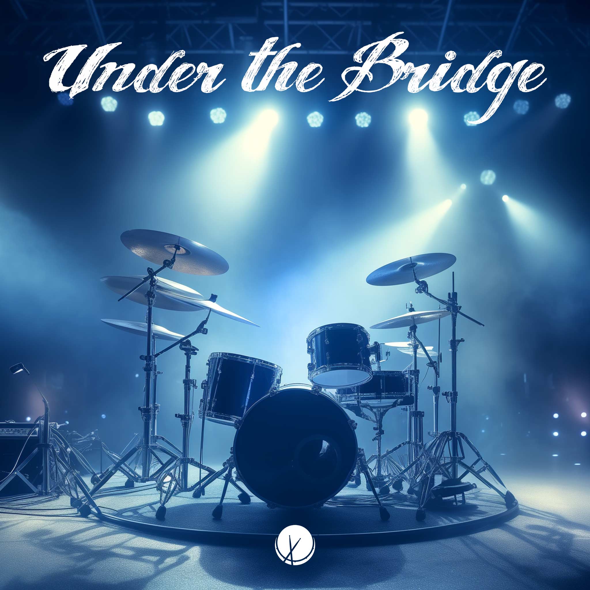 On-stage image with blue lighting featuring rock band equipment, drum set, speakers, and stage lighting. Title: "Under the Bridge."