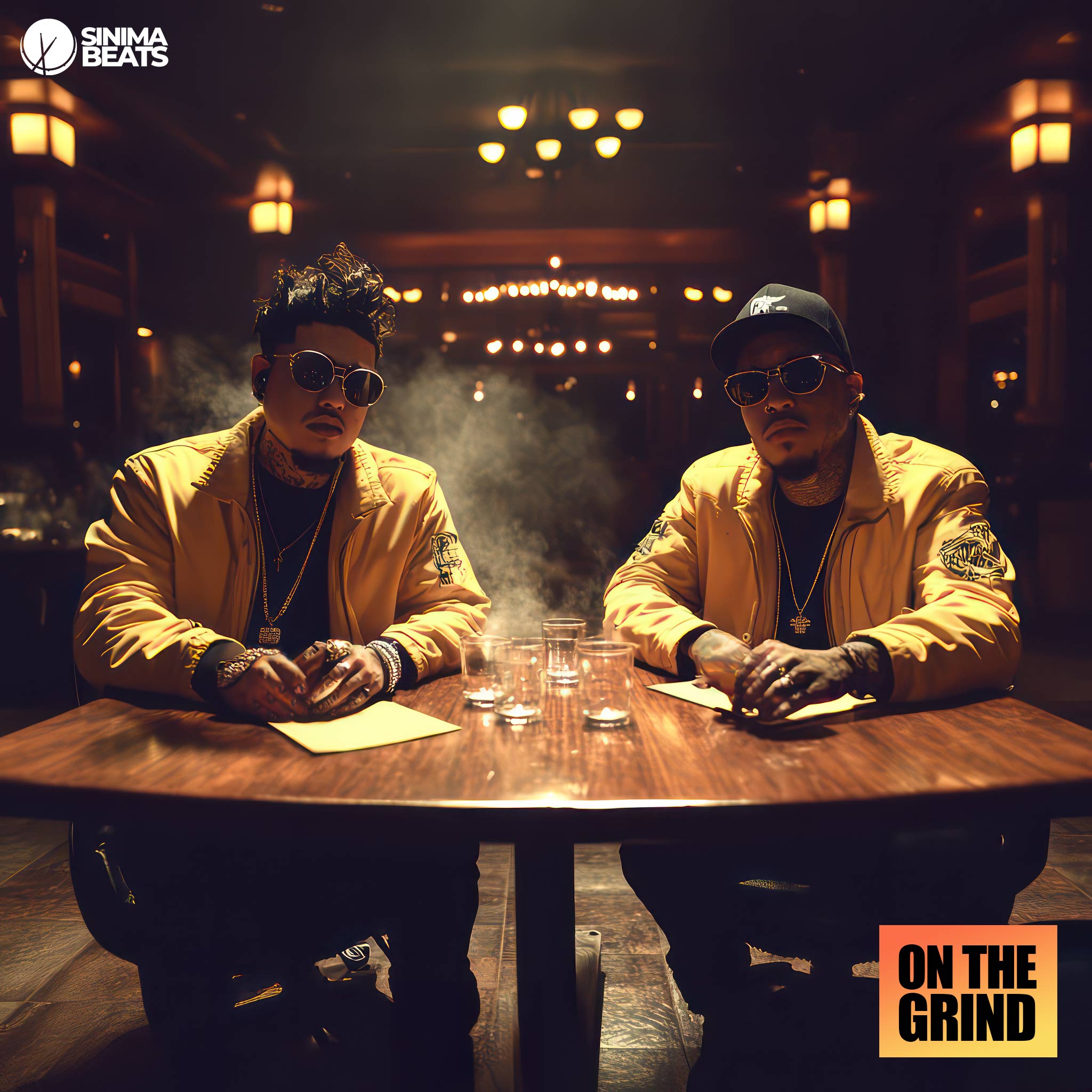 Two businessmen in urban-style outfits (yellow jackets, black pants) are seated at a wooden round table. Glass cups are placed on the table as smoke rises in the dark lighting. The scene captures a gritty, hardworking atmosphere, emphasizing the relentless hustle and focus of the business environment, being "On the Grind."