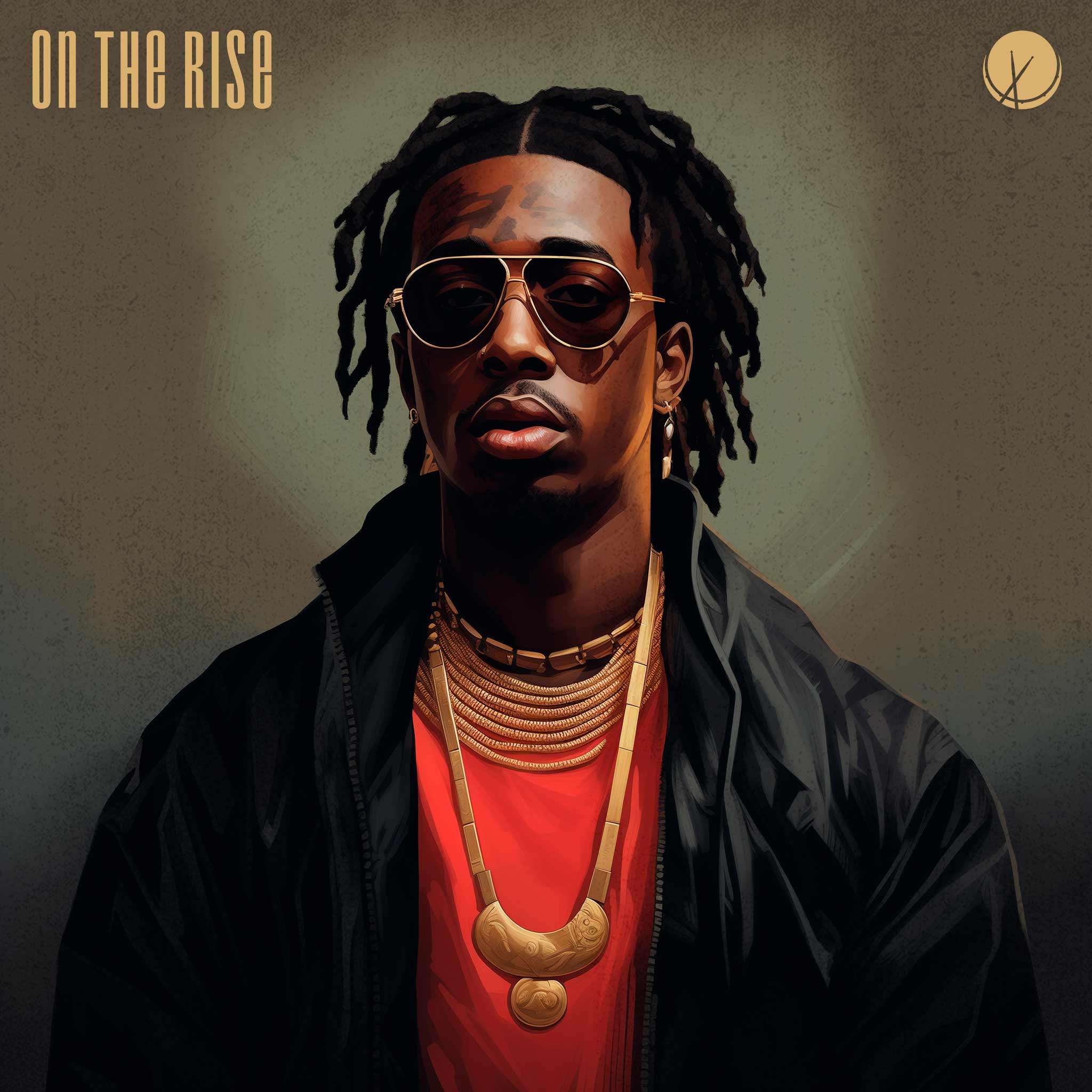 On the Rise: Rap Artist Illustration. Wearing Red Shirt, Gold Chains, Black Jacket, Sunglasses, Dreads, and Earrings. Over Faded Dark Green Background.