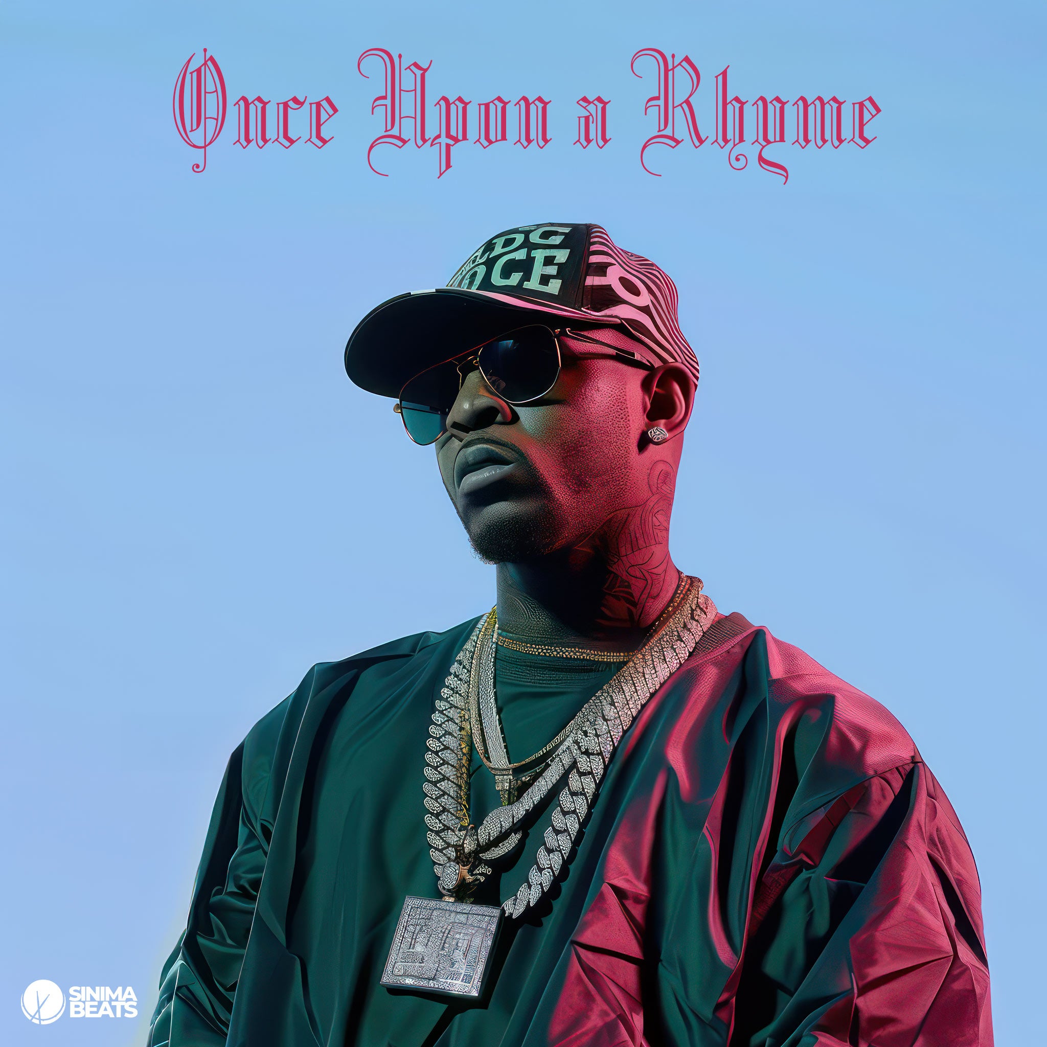 A captivating cover art titled "Once Upon a Rhyme" featuring a black rapper wearing a green sweater, gold chains, a baseball cap, and sunglasses. The rapper's confident stance and casual yet stylish outfit embody the storytelling aspect of hip-hop, with the green sweater adding a fresh, modern touch. The gold chains and baseball cap signify the classic hip-hop culture, while the sunglasses provide an air of mystery and coolness. 