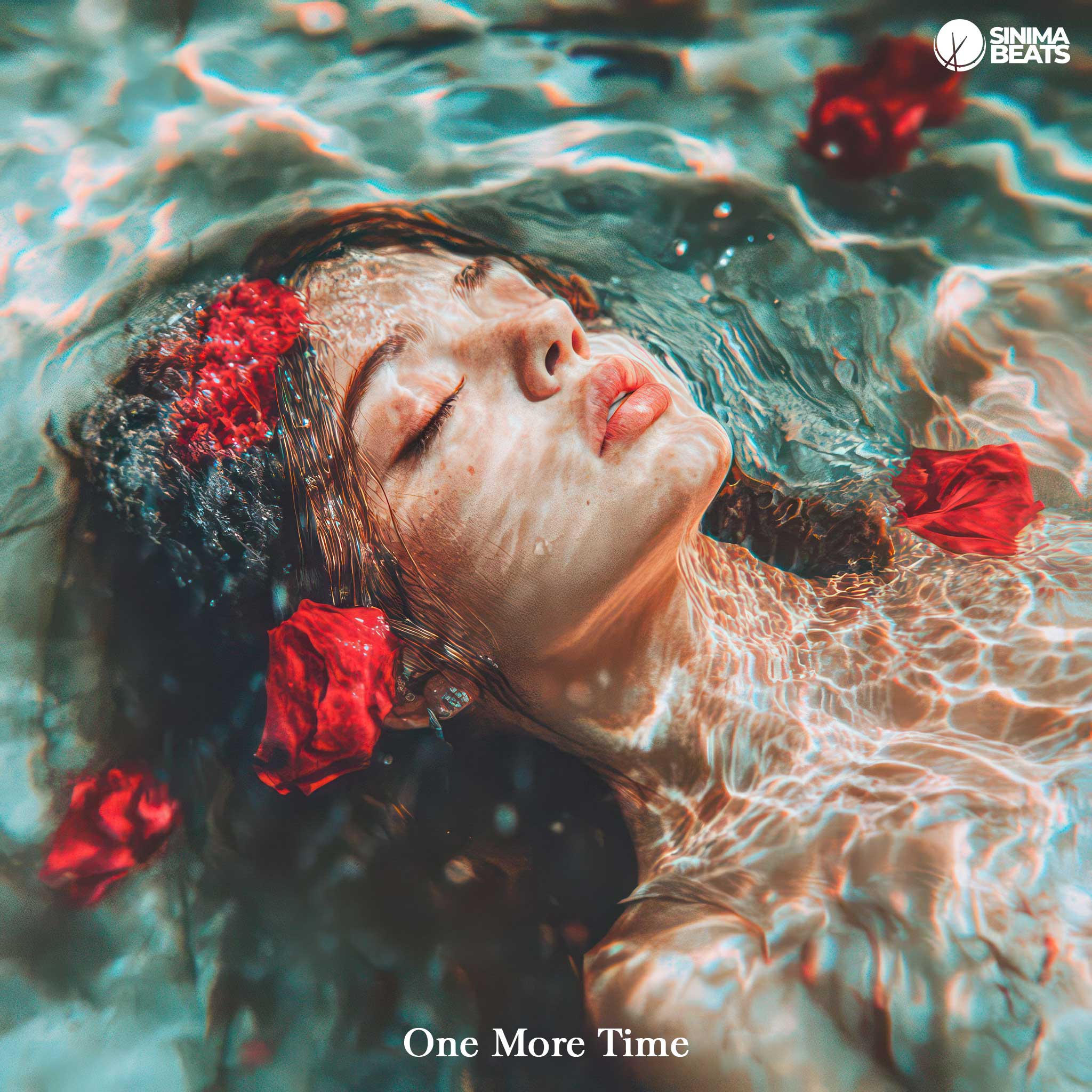 Beautiful Caucasian woman with brunette hair laying in crystal-clear water surrounded by red roses, depicting a serene and reflective moment. R&B album cover art titled 'One More Time.'