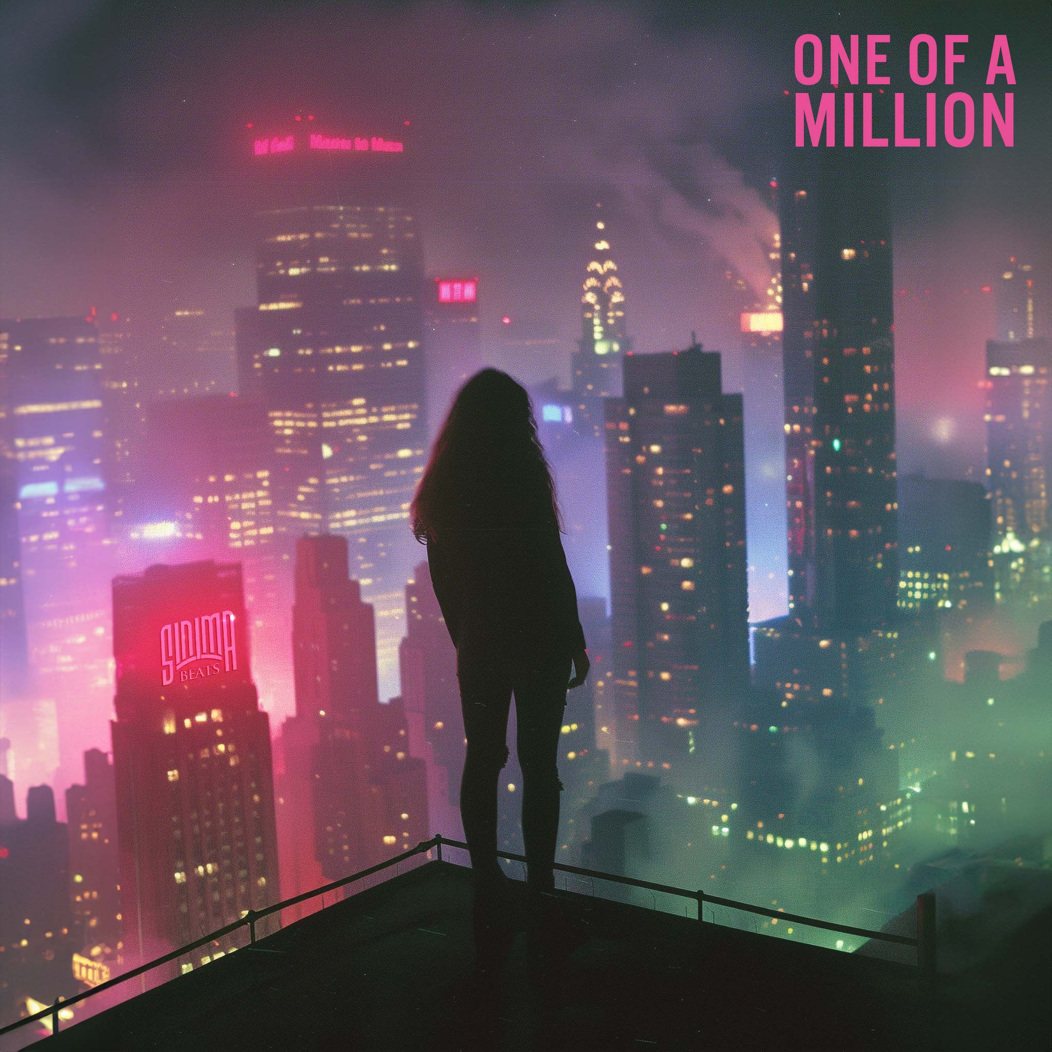 Silhouette of a young woman with long hair standing on a rooftop, overlooking a neon-lit city, embodying the essence of 'One of a Million.'