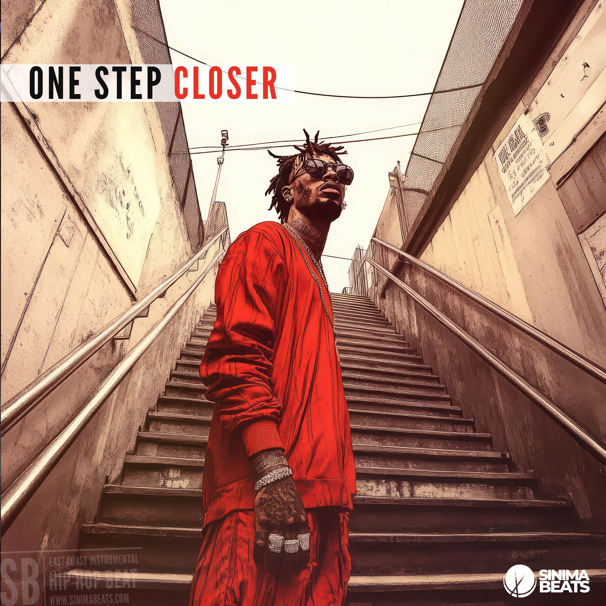 An illustration of a rapper with short dreads and sunglasses, wearing a red sweater, standing by stairs outside. The image captures a sense of determination and progress, aligning with the theme 'One Step Closer.'