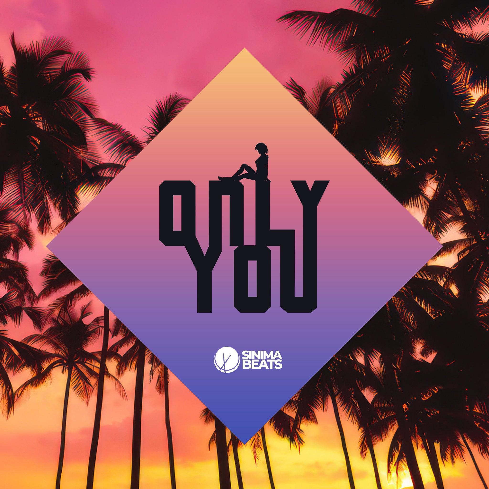 A silhouette of a sensual female dancer sitting on the title text against a backdrop of tropical palm trees with orange, purple, and pink hues. The club hip-hop cover art titled 'Only You' highlights vibrant colors and dynamic elements.