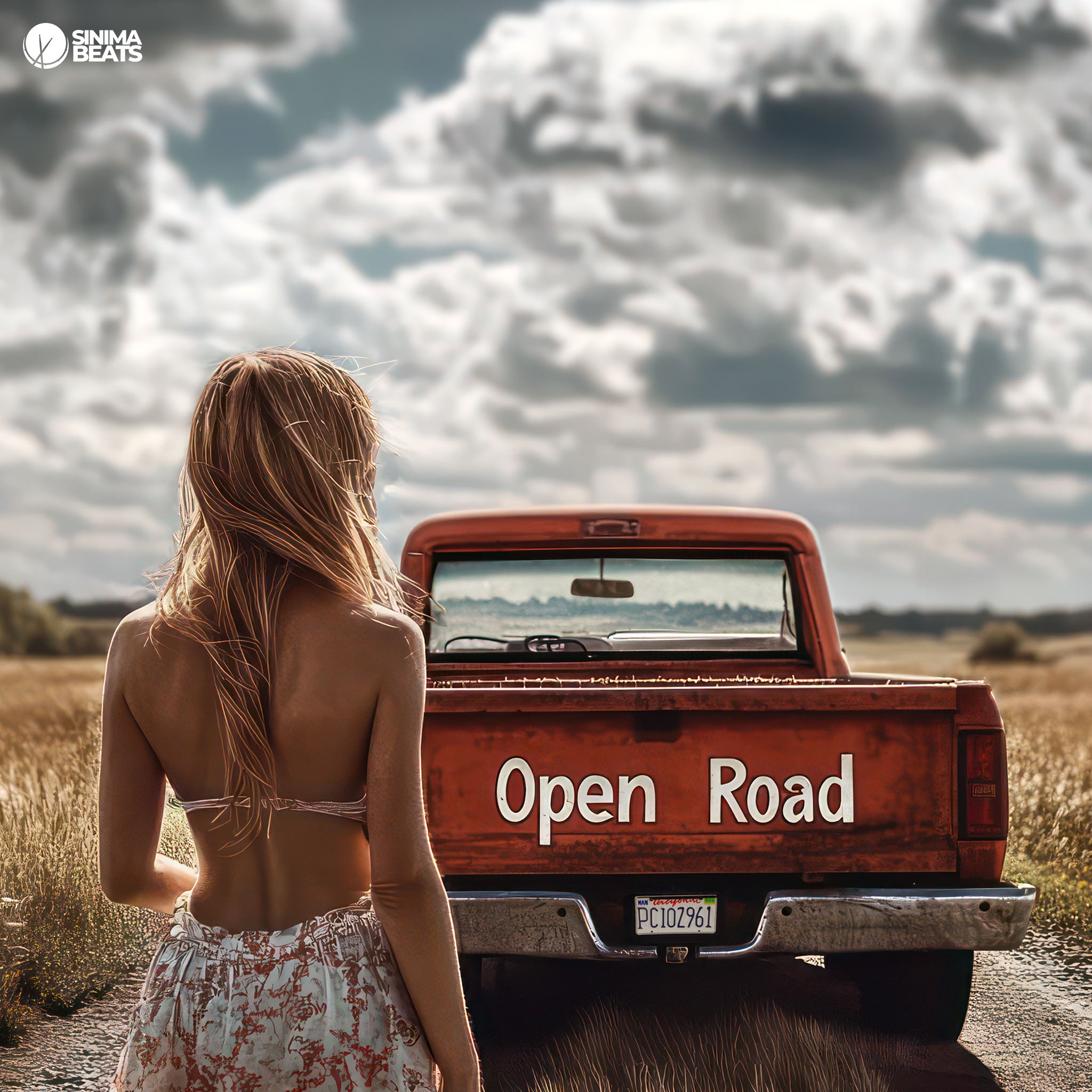 A blonde country girl in a dress stands by an old red pick-up truck on an open road. The rural outdoor setting and vintage vehicle evoke a sense of freedom and nostalgia, reflecting the theme 'Open Road.'