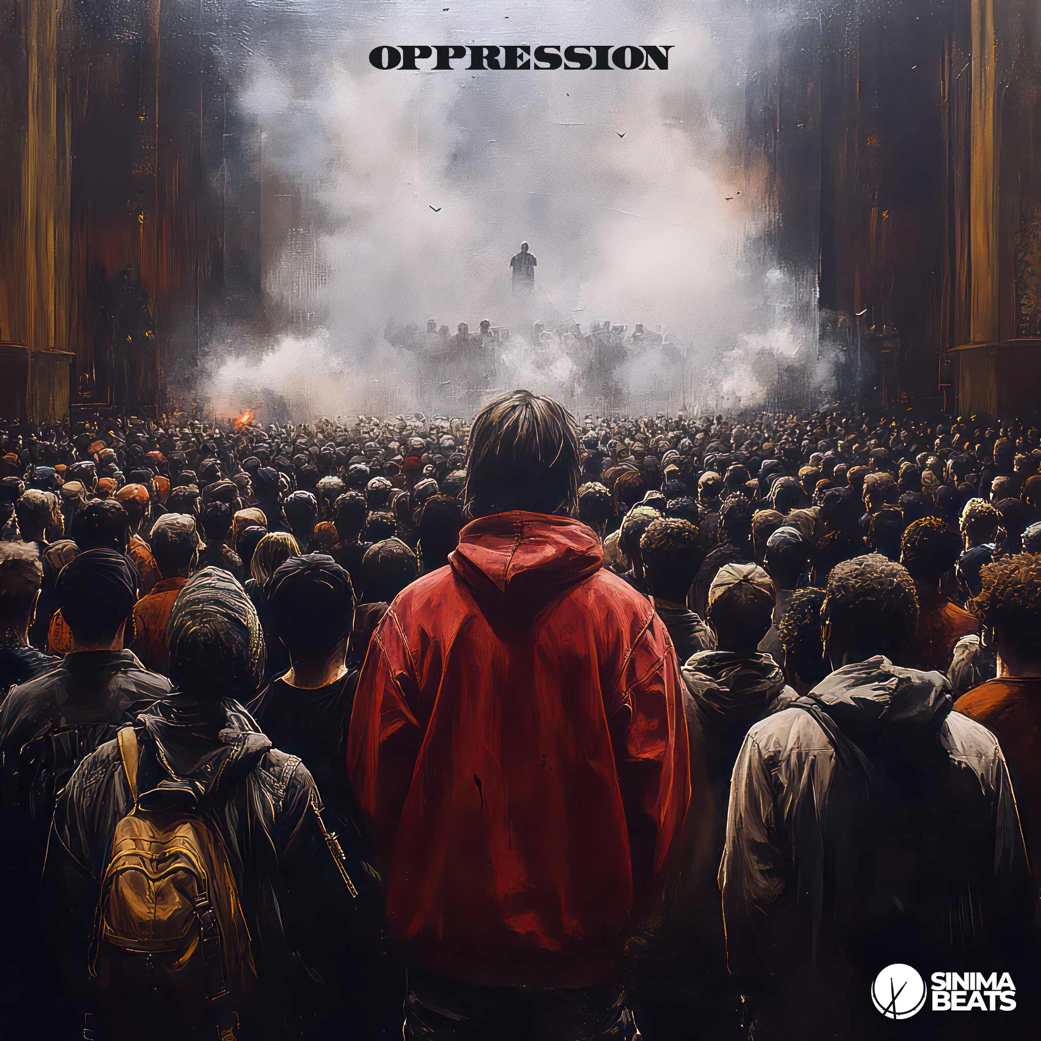 A painting-style cover art featuring a large crowd facing oppressors shrouded in fog. The foggy backdrop and the confrontation symbolize the struggle against oppression, capturing the essence of the theme 'Oppression.'