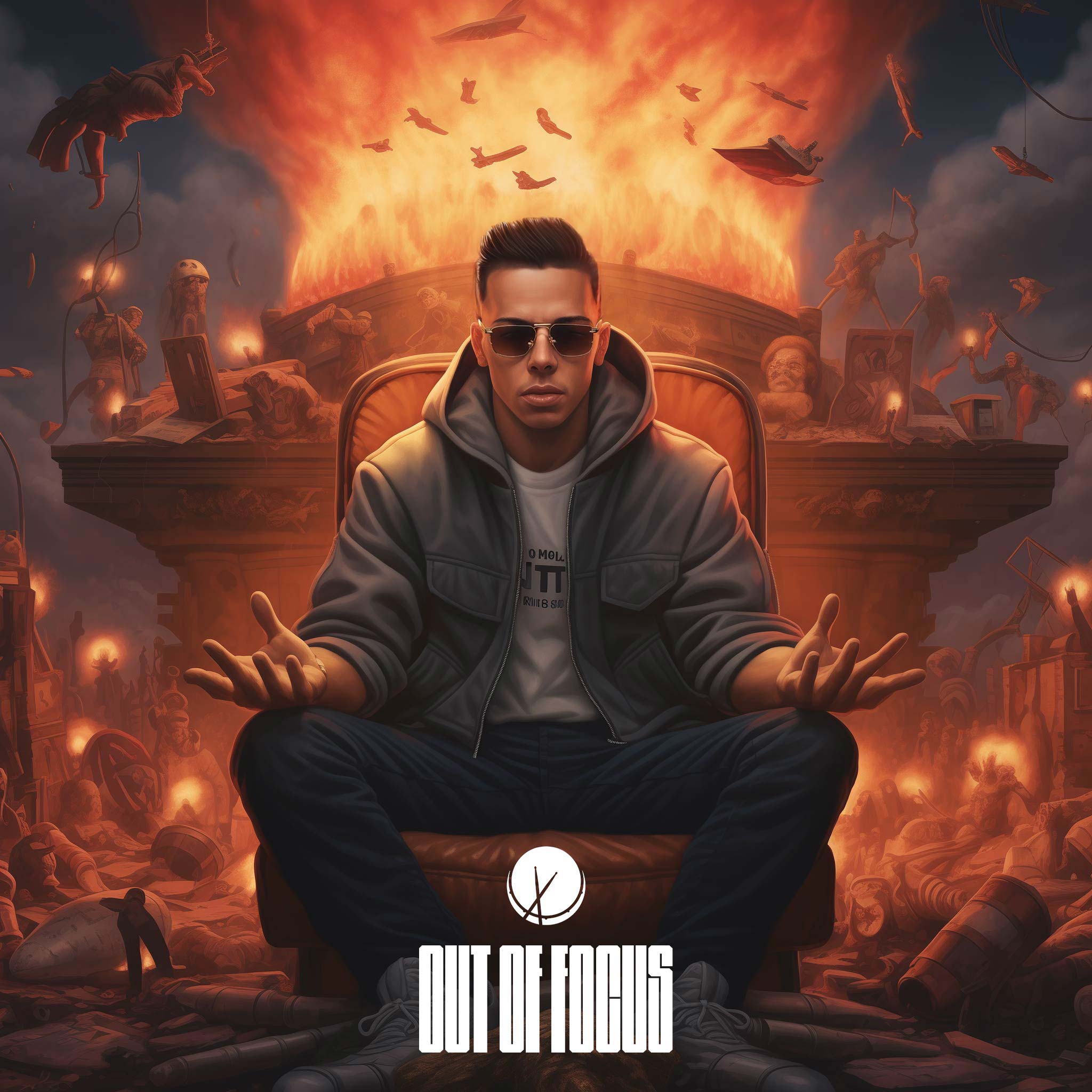 Dynamic scene titled "Out of Focus" featuring a rapper sitting in a chair with his palms up as if controlling everything with his mind. A large fire is blazing up into the sky behind him, with objects raising up, creating a visually compelling and powerful composition.