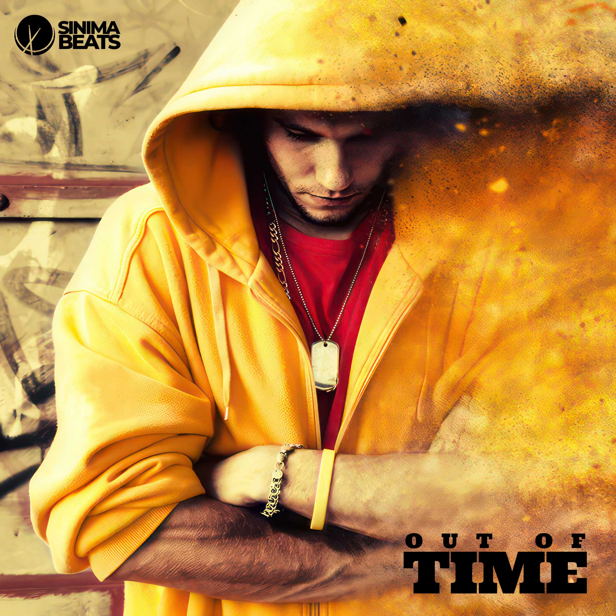 A hip-hop cover art design titled "Out of Time," featuring a white rapper wearing a dog tag, hooded yellow sweater over a red t-shirt, turning to dust. The fading effect captures a sense of urgency and the inevitable passage of time, emphasizing themes of mortality and the fleeting nature of life. The imagery symbolizes the struggle to make an impact before time runs out, adding a dramatic and poignant layer to the visual narrative.