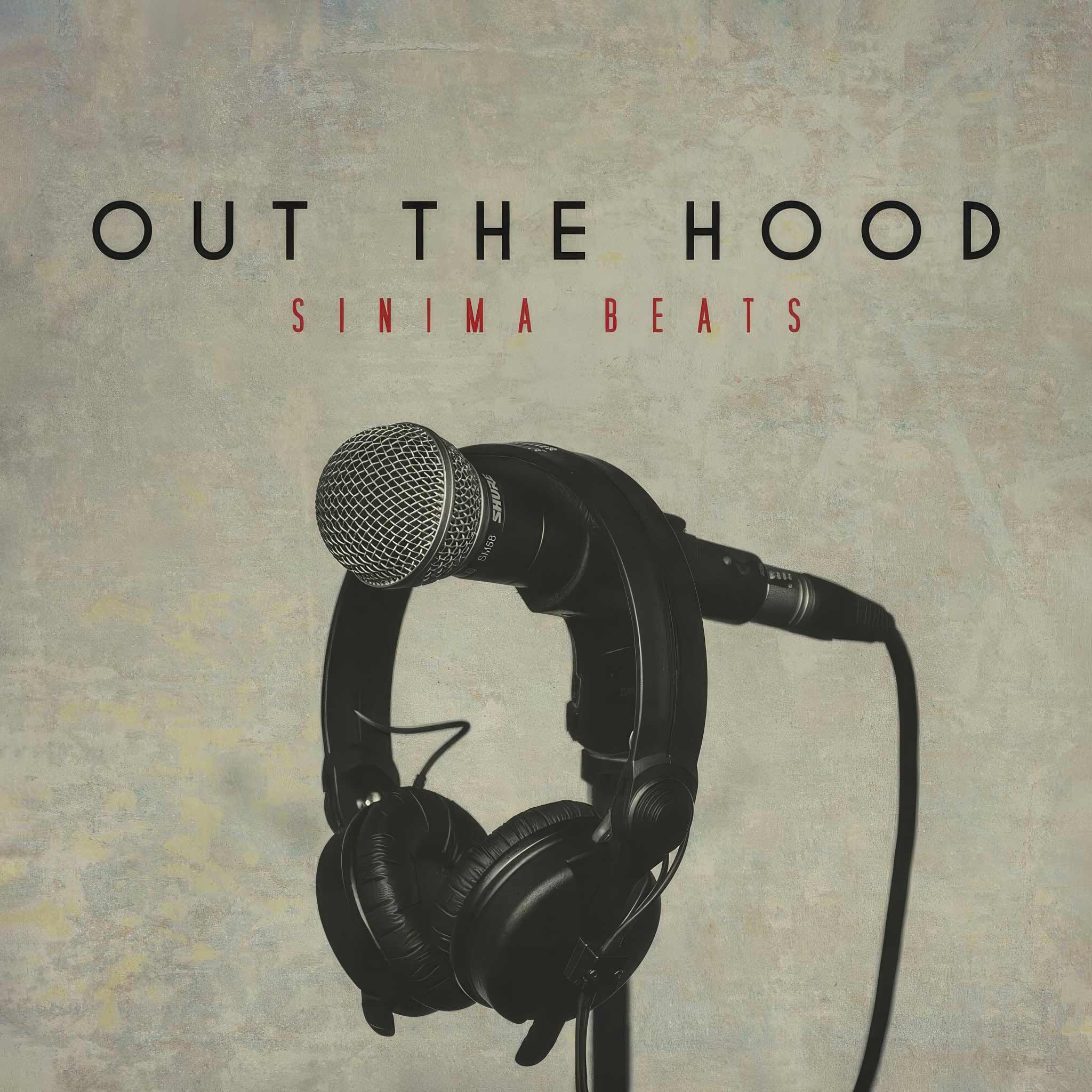 Shure microphone on a stand alongside studio headphones against a beige textured background, representing a professional audio setup. Title: 'Out the Hood.'