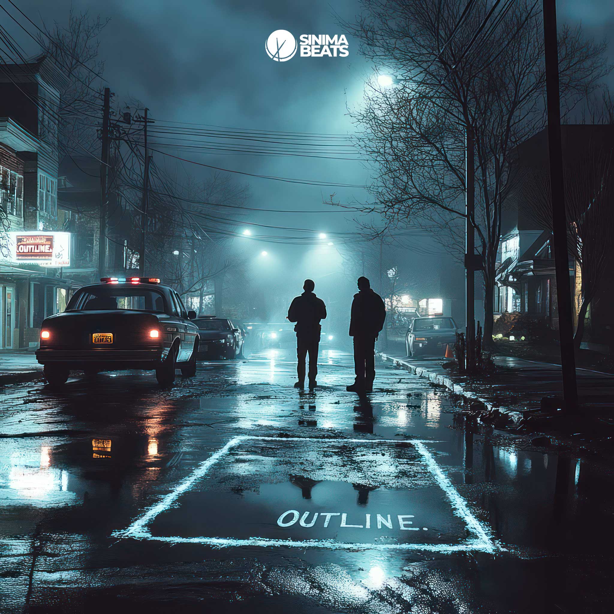 The "Outline" hip-hop cover art design portrays a gritty crime scene at night. Under the dim glow of streetlights, police officers are seen closely examining evidence marked on the pavement. A police car with flashing lights illuminates the surroundings, casting shadows that heighten the tension. The scene captures the essence of a city’s underbelly.