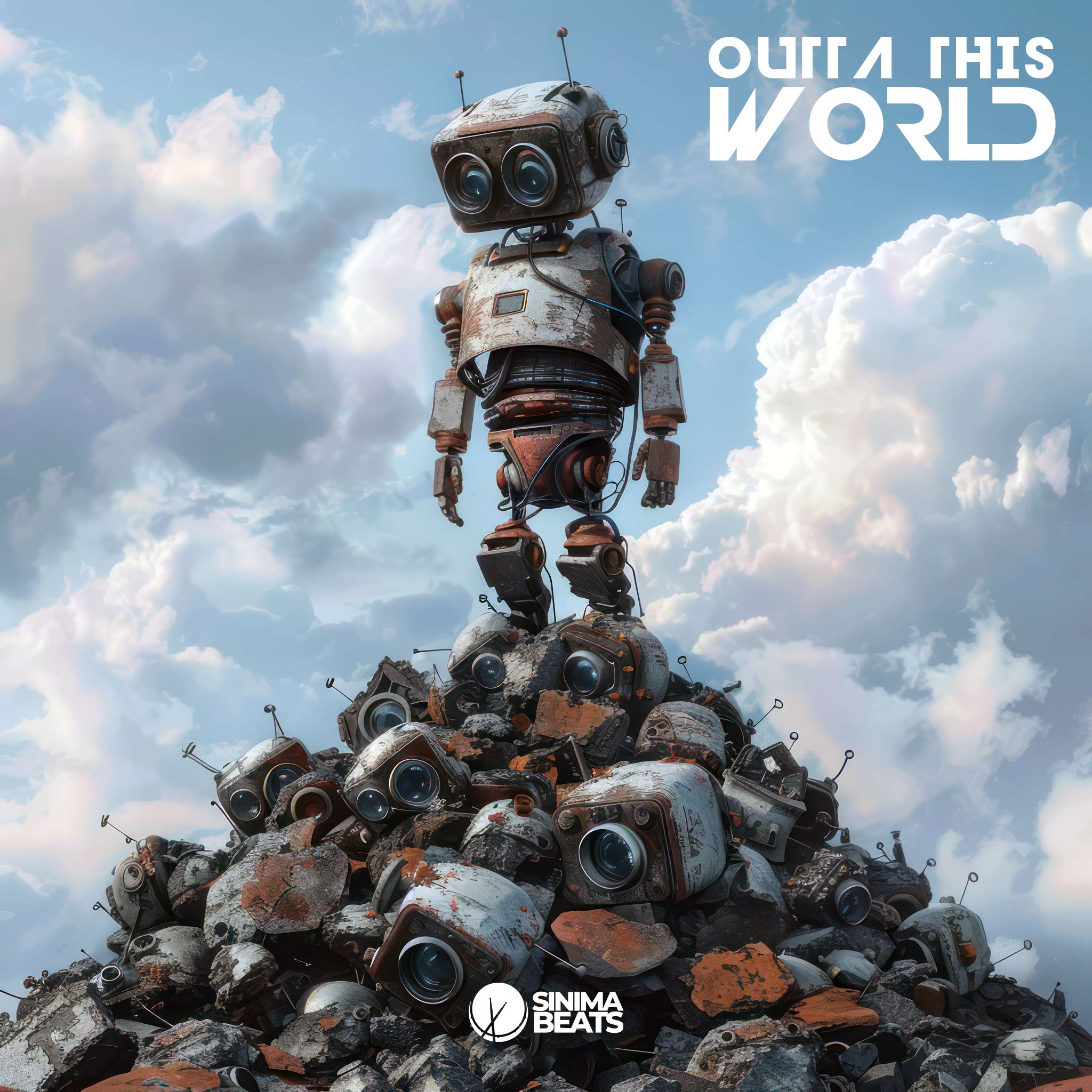 The "Outta This World" cover art features a futuristic robot standing triumphantly atop a mound of broken and discarded robots, symbolizing survival and dominance. The scene is set against a bright blue sky with fluffy white clouds, creating a striking contrast between the robot's metallic frame and the natural backdrop. The robot's pose is sad, with a sense of isolation and loneliness, highlighting a narrative of feeling out of place.