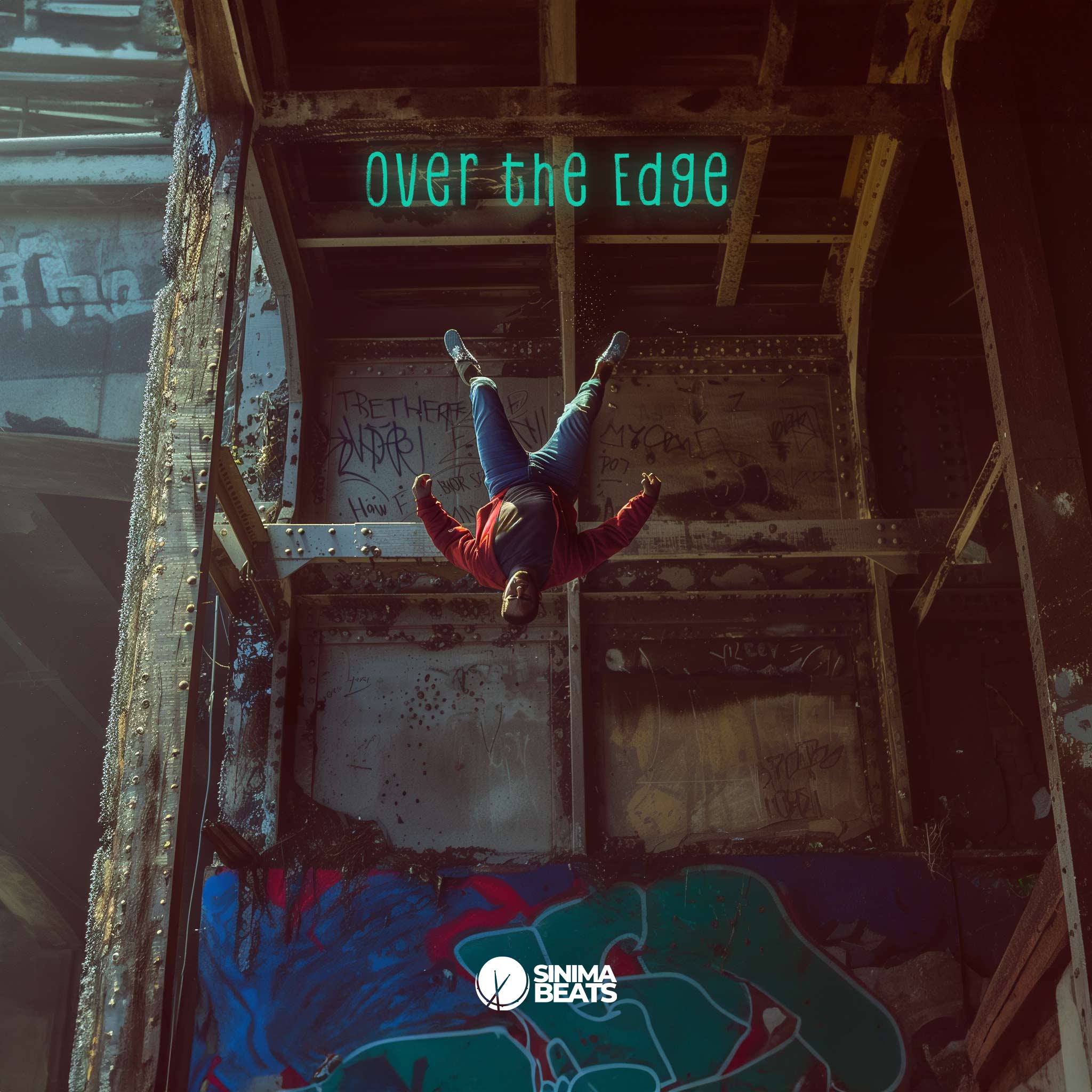 The "Over the Edge" cover art depicts a dramatic and emotional scene of a man falling headfirst from a bridge. He is wearing a red sweat jacket and blue jeans, emphasizing his casual appearance in contrast to the dire situation. The artwork captures the moment of free fall.