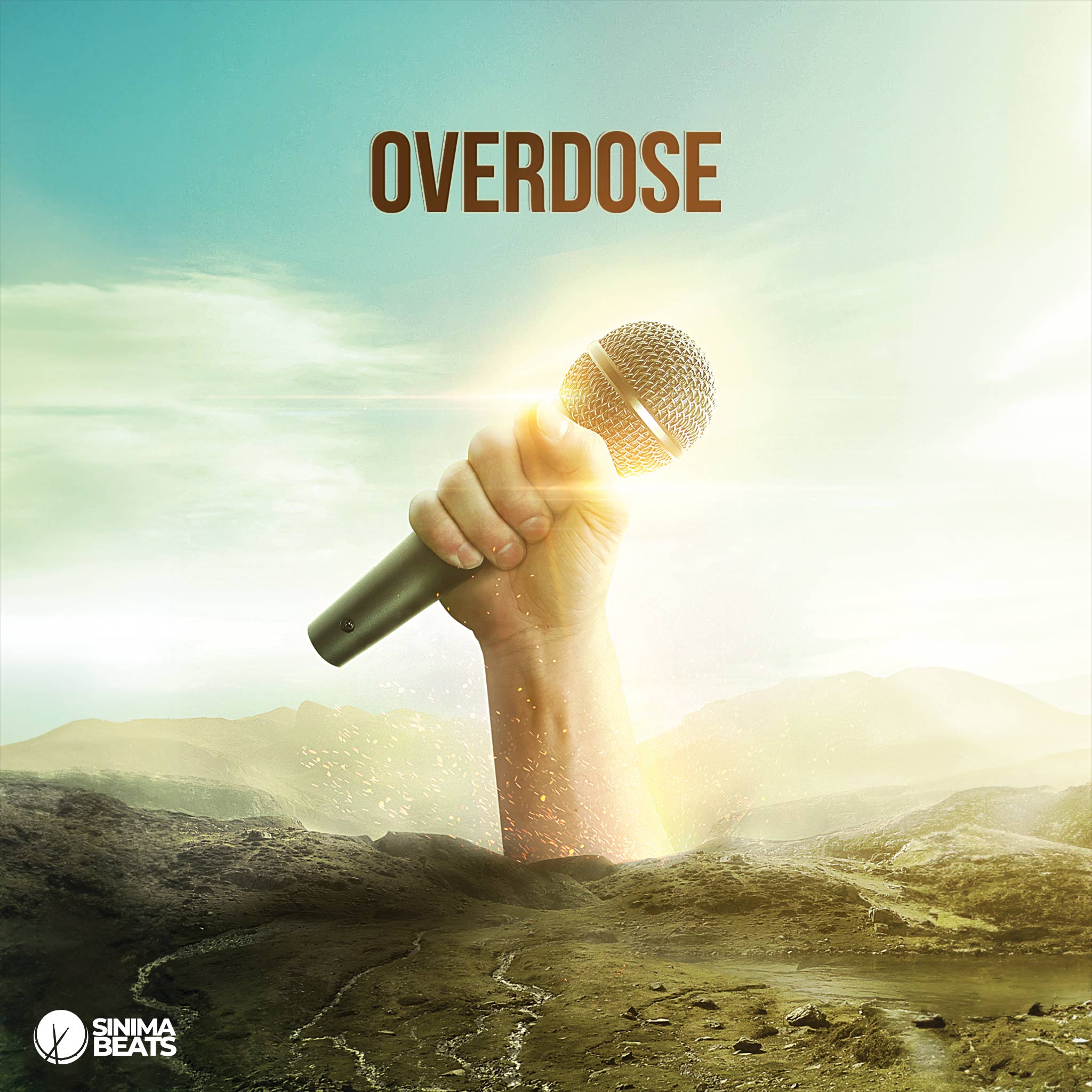 The "Overdose" cover art design depicts a giant microphone being held by a hand emerging from the ground, set in an outdoor scene during daylight. A dramatic lens flare adds a burst of light, creating a sense of intensity and energy. The composition symbolizes the overwhelming power of music and its profound impact, as if it’s so strong it can rise from the earth itself. The vivid outdoor setting and the surreal imagery convey themes of passion, influence, and the addictive nature of musical expression.