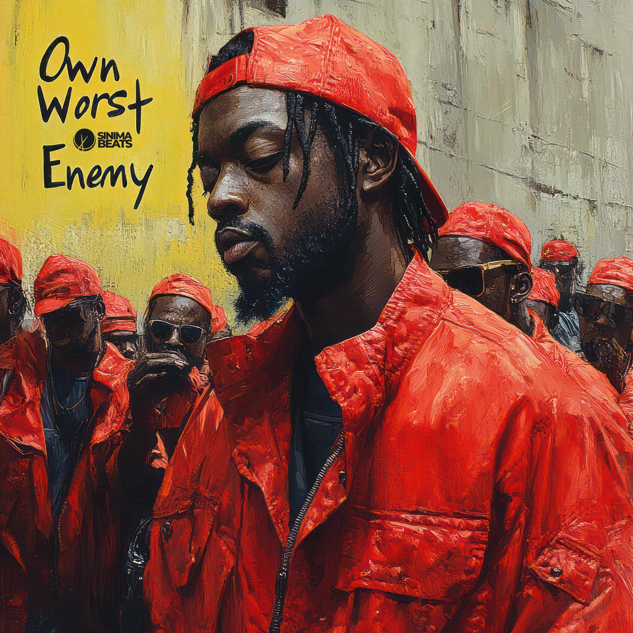 The "Own Worst Enemy" cover art design captures a rapper in a striking red outfit walking past a small crowd. His expression is filled with regret, highlighting the internal struggle and self-awareness of being one's own adversary. The background features muted tones that contrast with the vibrant red of his clothing, emphasizing his emotional turmoil. The crowd around him symbolizes the external pressures and judgments that amplify his inner conflict. 