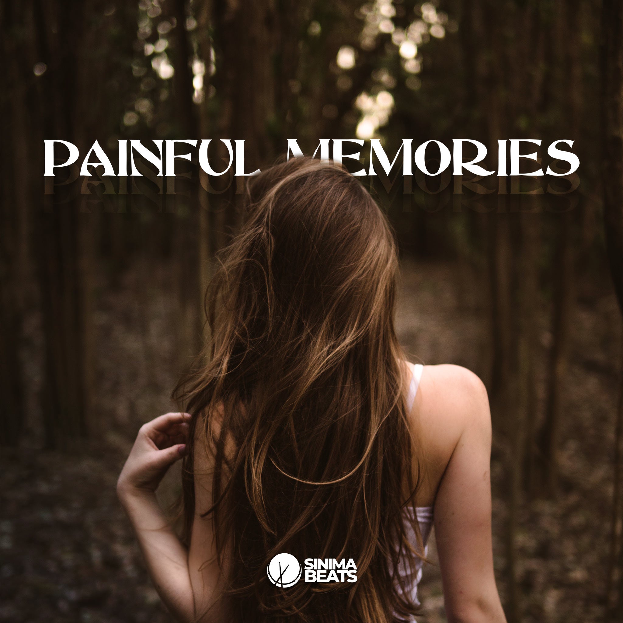 The "Painful Memories" cover art features a woman walking through a dense forest, wearing a white tank top. Her long, straight brown hair flows behind her as she moves through the shadowy, wooded environment. The image conveys a sense of solitude and introspection, with the forest representing a journey through past emotional turmoil. The contrast between her simple attire and the complex, immersive backdrop underscores the depth of her inner struggles and the burden of her memories.