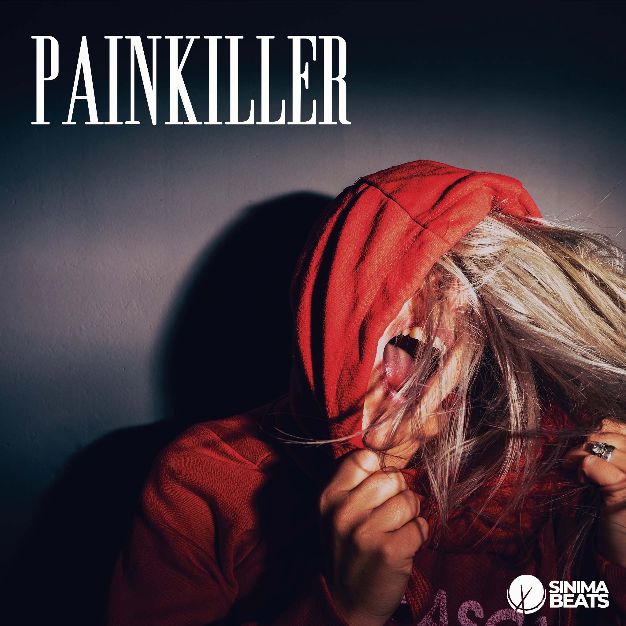 The "Painkiller" cover art features a woman in a red hooded sweater, screaming in agony. Her expression and posture convey a deep emotional or physical pain, while the vivid color of her sweater contrasts sharply with the stark background. This depiction highlights her desperate need for relief or escape from her suffering, symbolizing the longing for something to numb or alleviate her pain.